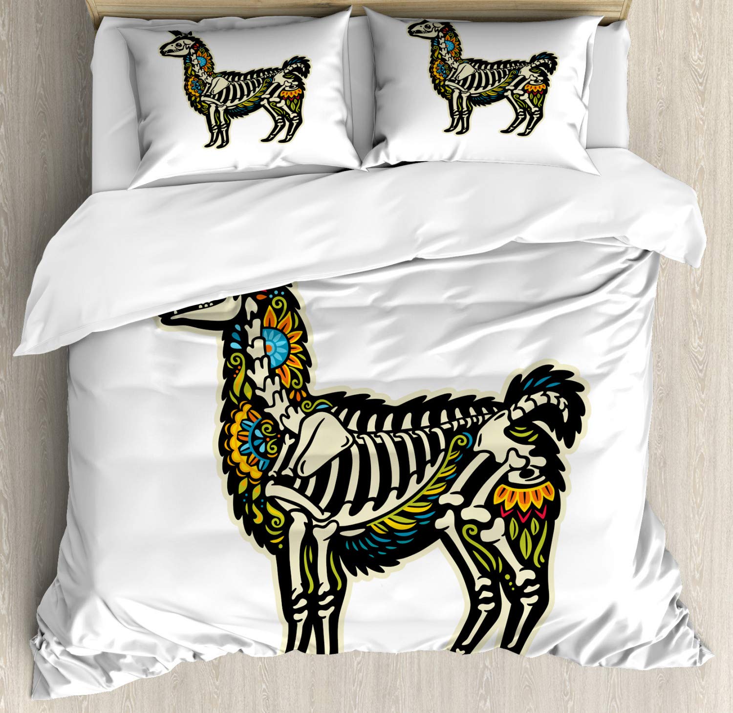 Ambesonne Llama Duvet Cover Set - Sugar Skull Alpaca Animal Skeleton with Colorful Floral Details | Day of The Dead Themed 3-Piece Bedding Set with 2 Pillow Shams | California King Size Multicolor Duvet Cover | Perfect for Bohemian Bedroom Decor & Mexican Culture Enthusiasts