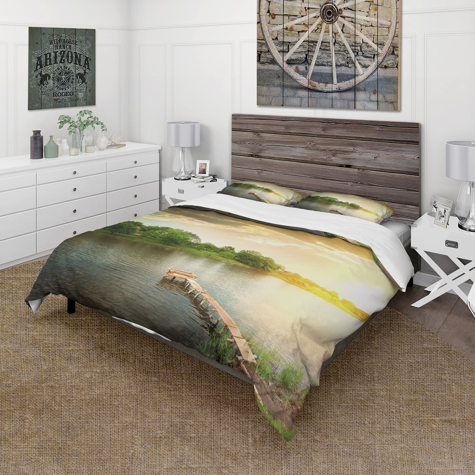 DesignQ Lake House Duvet Cover Set Queen - Green Landscape Bedding 3-Piece Set for All Seasons | Cozy Lakeside Retreat Bedroom Decor for Vacation Homes & Cabin Getaways