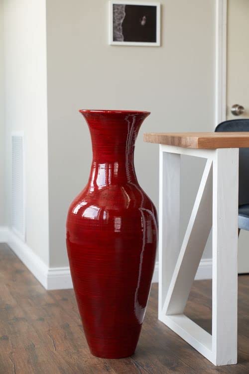 36-Inch Green Floral Classic Bamboo Floor Vase - Handmade Home Decor for Dried Flowers, Branches & Fillers | Elegant Dining Room & Living Room Centerpiece (Mahogany Red) | Perfect for Farmhouse, Boho & Modern Interior Design