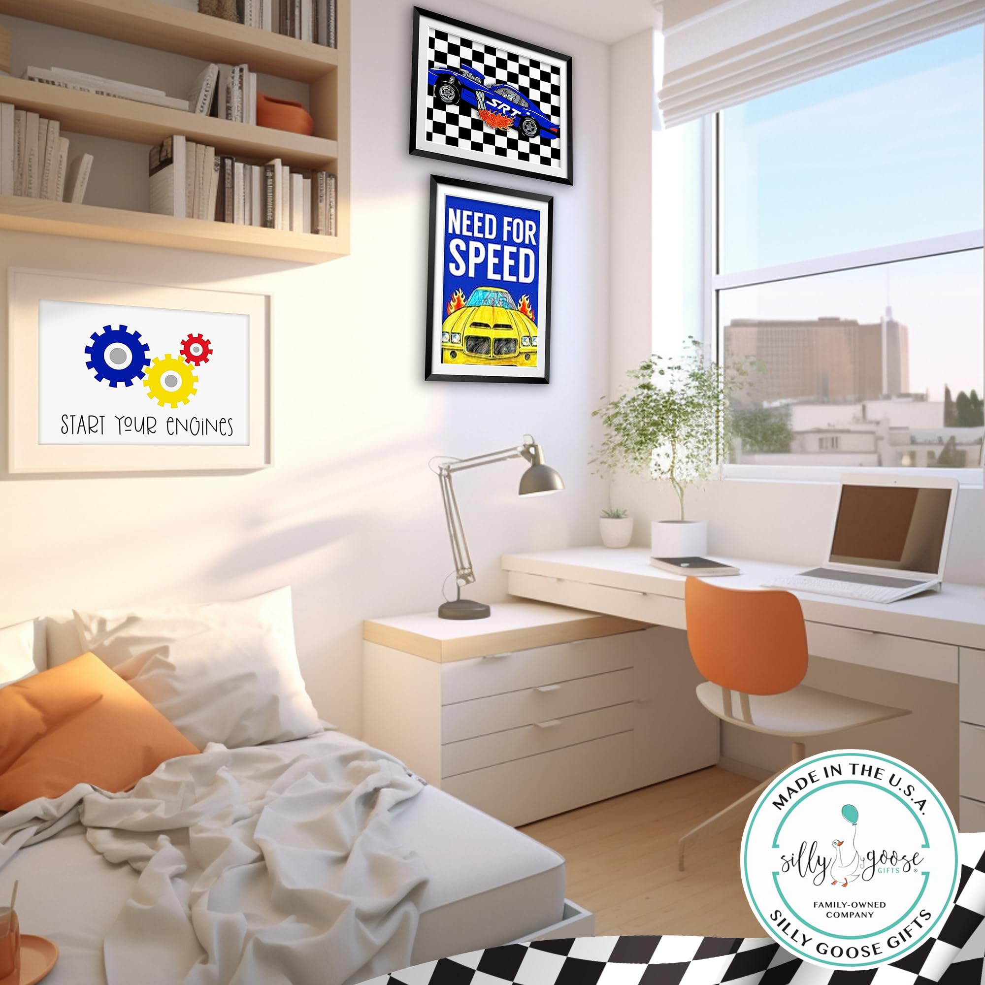 Race Car Posters for Boys Room - 5pc Vibrant Decor with Inspiring Quotes