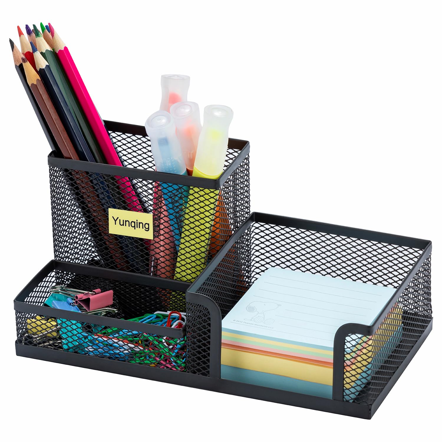 Black Mesh Pen Holder - Large Capacity Multipurpose Desk Organizer with Sticky Notes Holder & 3 Compartments | Includes 4 Non-Slip Mats | Perfect for Office, School & Home Organization | Great for Storing Pens, Pencils, Markers & Office Supplies