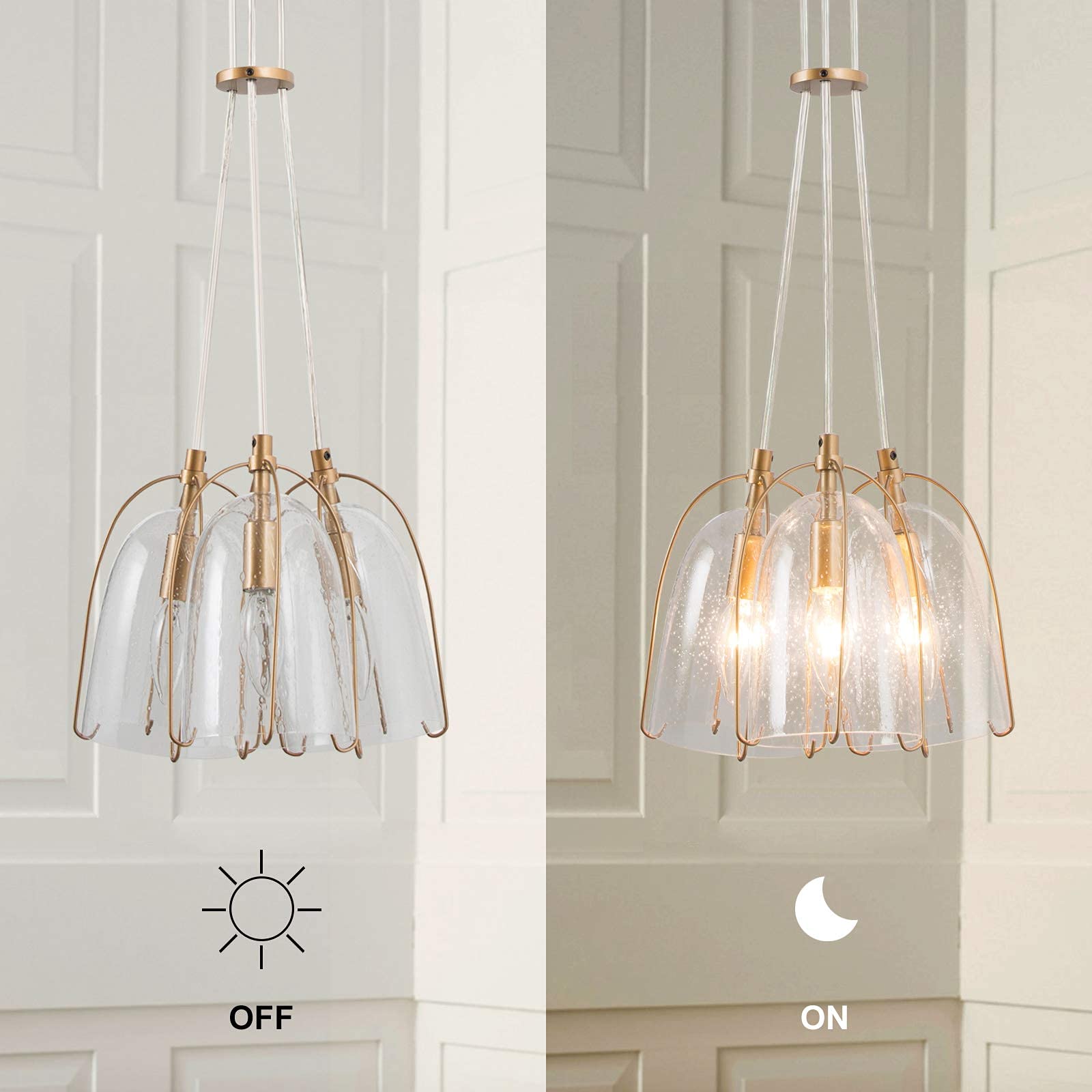 Modern Gold Chandelier - 3-Light Pendant Lighting Fixture with Seeded Glass Shades for Dining Room, Kitchen Island, Bedroom & Living Room | Elegant Ceiling Hanging Light for Home Decor & Interior Design