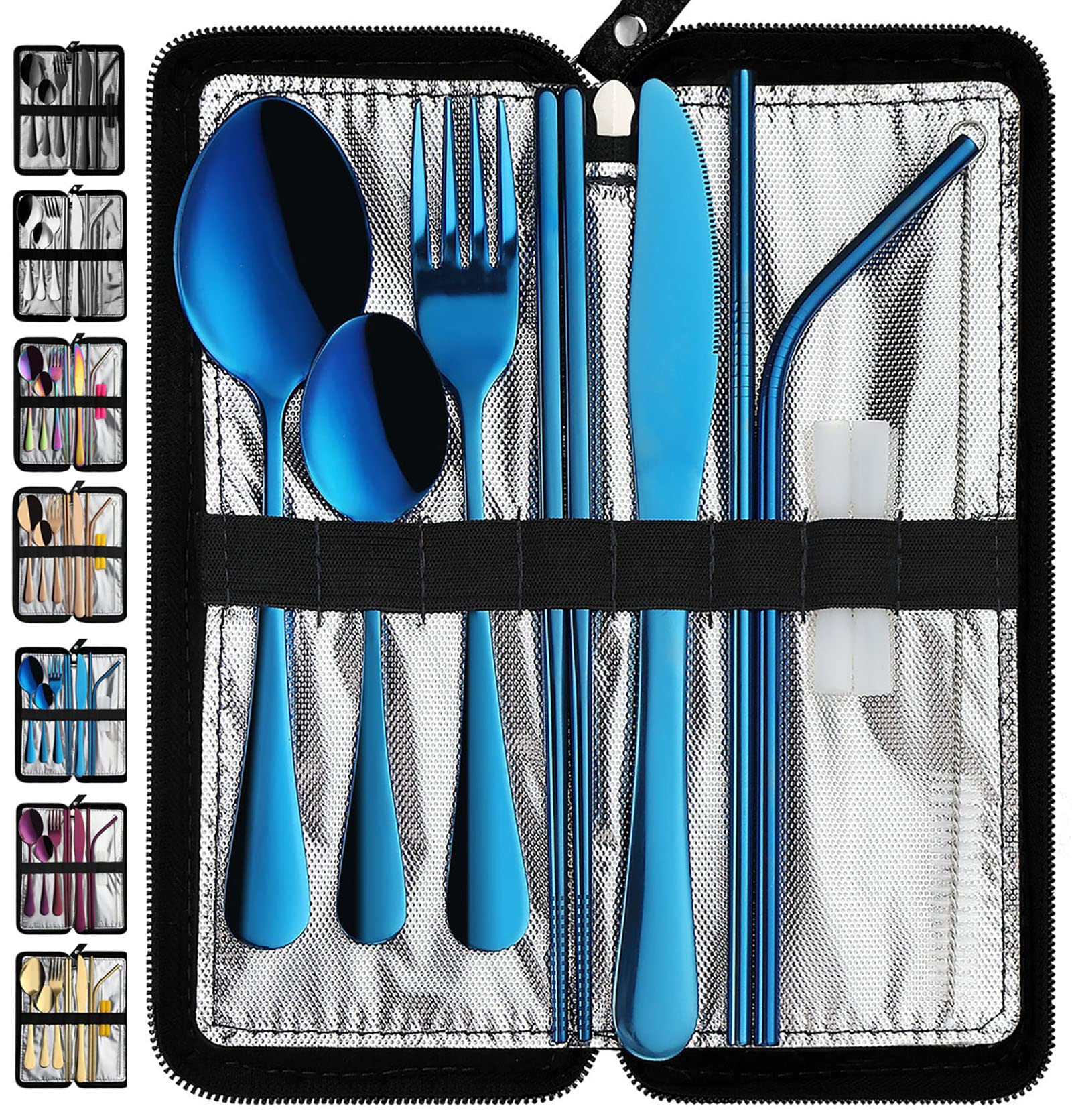 **Portable Travel Utensils Set - 9-Piece Stainless Steel Flatware with Case | Reusable Silverware for Camping, Picnic, Hiking & Outdoor Dining (Blue)**    *Perfect for travel, office lunches, and eco-friendly meals on the go!*