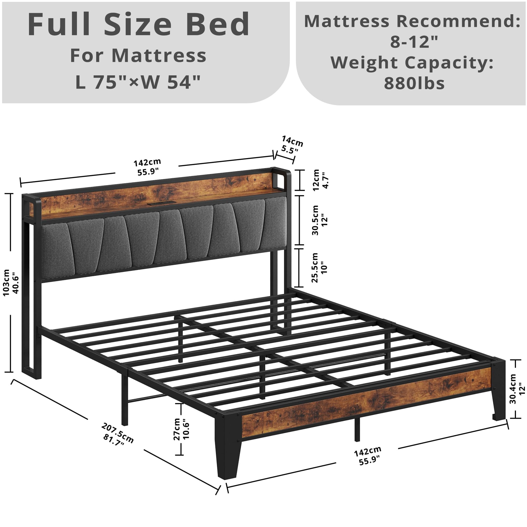 LIKIMIO Full Size Bed Frame with Storage Headboard & USB Charging Station - Sturdy Metal Platform Bed, Quiet & Easy Assembly, No Box Spring Needed - Perfect for Small Bedrooms, Apartments & Dorm Rooms
