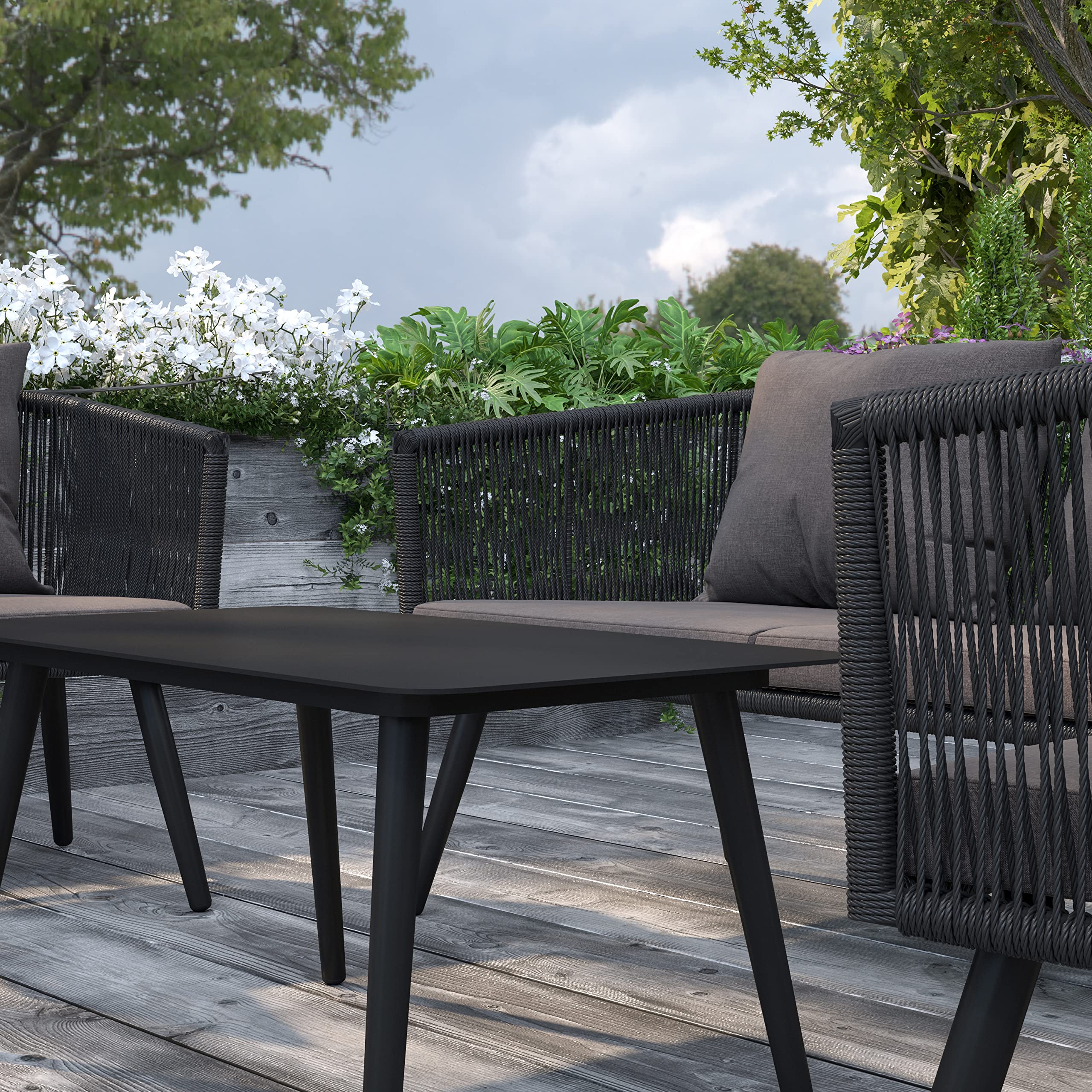 Merrick Lane Magnolia 4-Piece Outdoor Furniture Set - Black Woven Aluminum Loveseat, 2 Chairs & Coffee Table with Gray Cushions - Perfect for Patio, Garden & Backyard Relaxation
