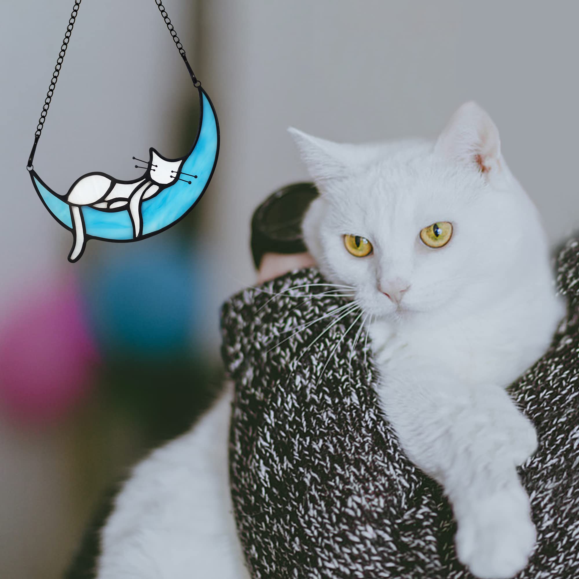 White Cat on Moon Stained Glass Window Hanging - Handmade Cat Memorial Gift for Cat Lovers, Elegant Suncatcher Decor for Kitchen, Bedroom, or Office - Perfect Birthday Gift for Mom, Grandma & Aunt - Creates Beautiful Rainbow Reflections in Sunlight