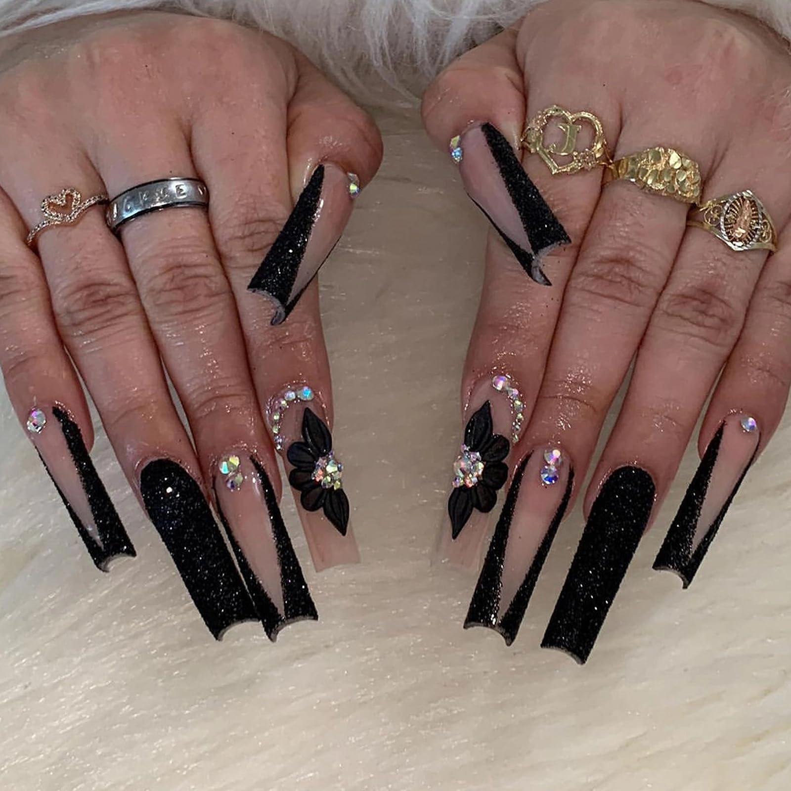 MISUD Long Square Press On Nails - Glossy Black Glitter French Tip with Acrylic Flower Rhinestone Design, 24pcs False Nails for Women, Perfect for Parties, Weddings & Special Occasions