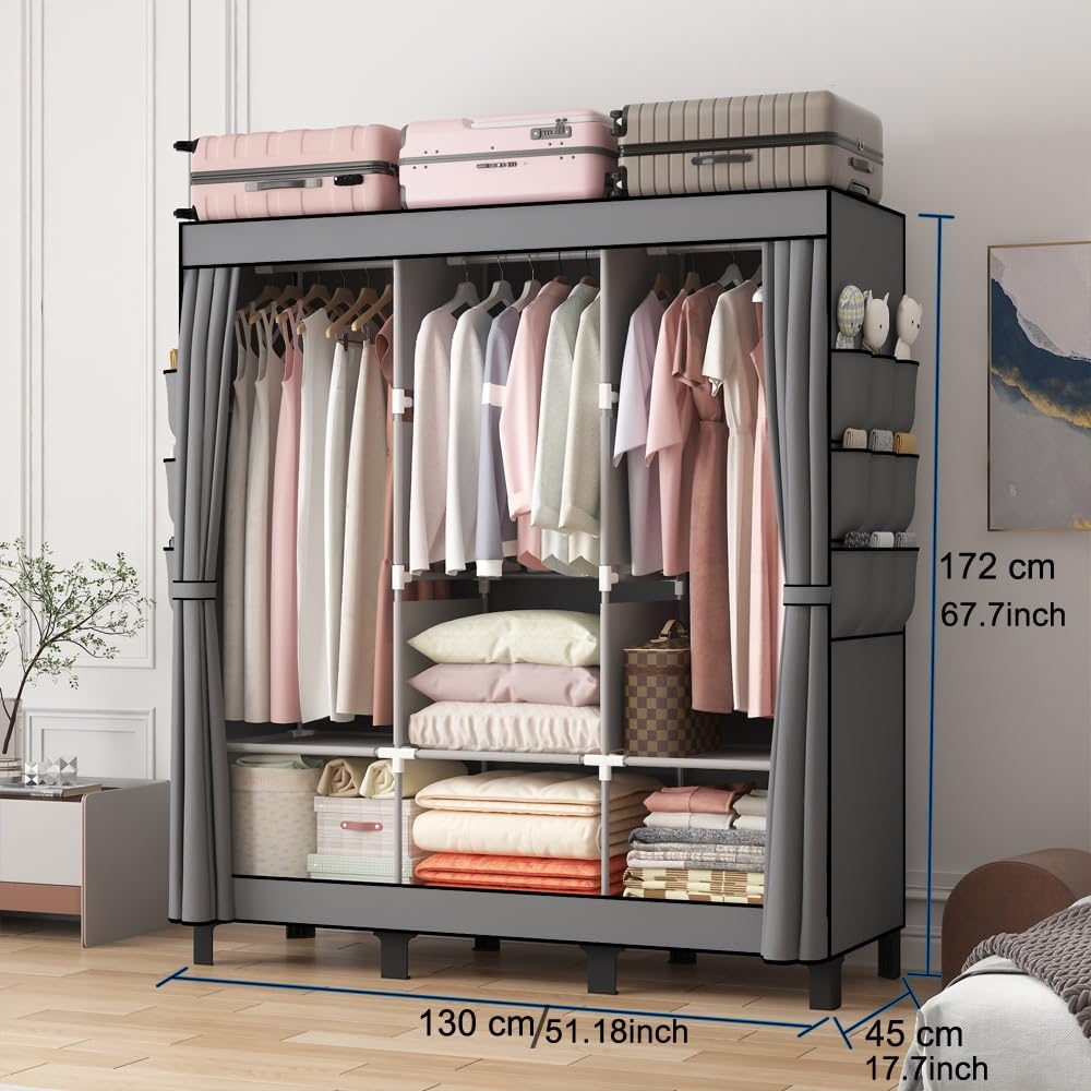 Portable Wardrobe Closet for Bedroom - Heavy Duty Black Clothes Hanging Organizer with 3 Rods, 6 Shelves & Side Pocket (51