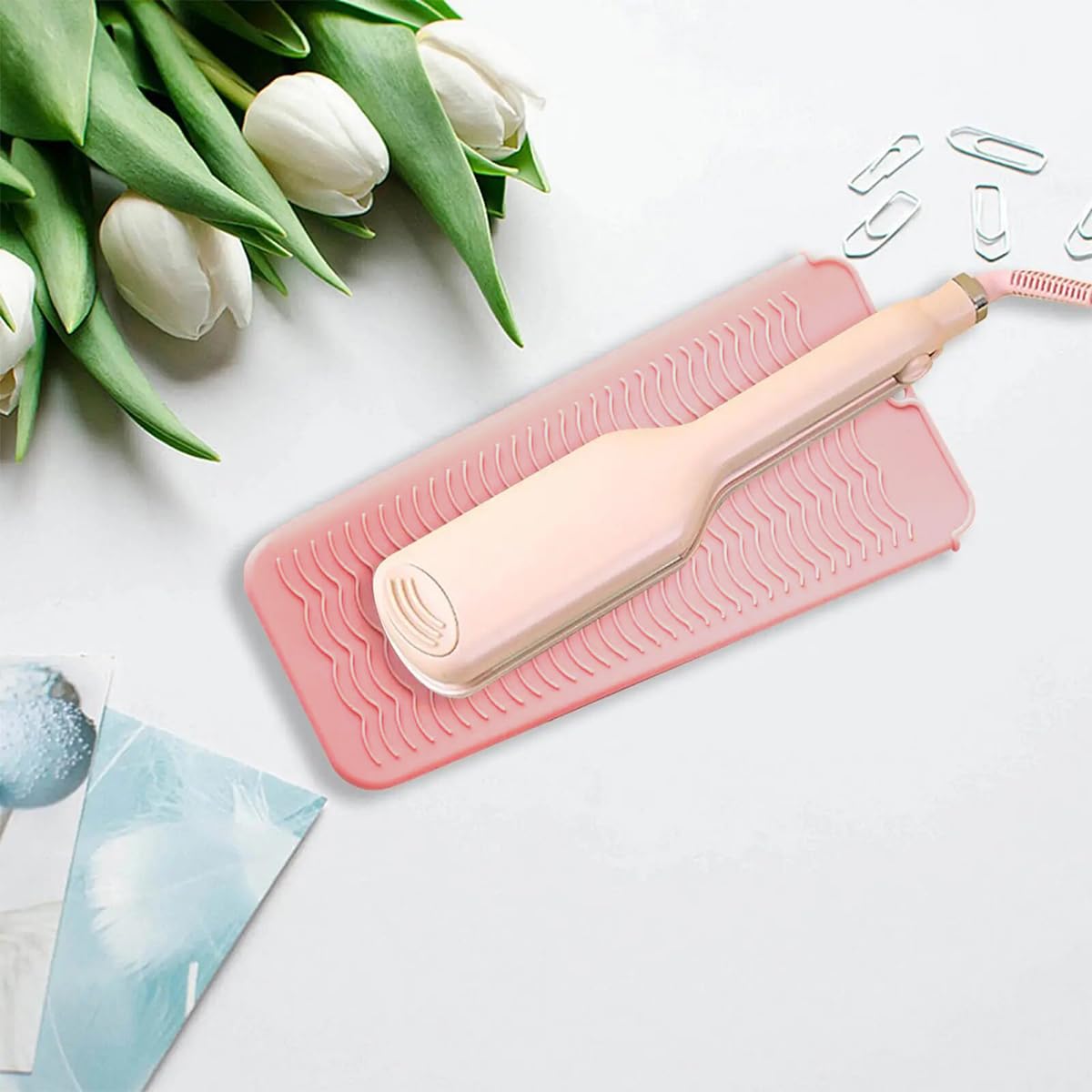 Heat Resistant Silicone Mat with Hanging Hole - 11x5 Inch Straightener Heat Protector Pad for Curling Iron, Flat Iron & Hair Styling Tools - Travel-Friendly Pink Mat & Pouch - Perfect for Home, Salon & On-the-Go Styling