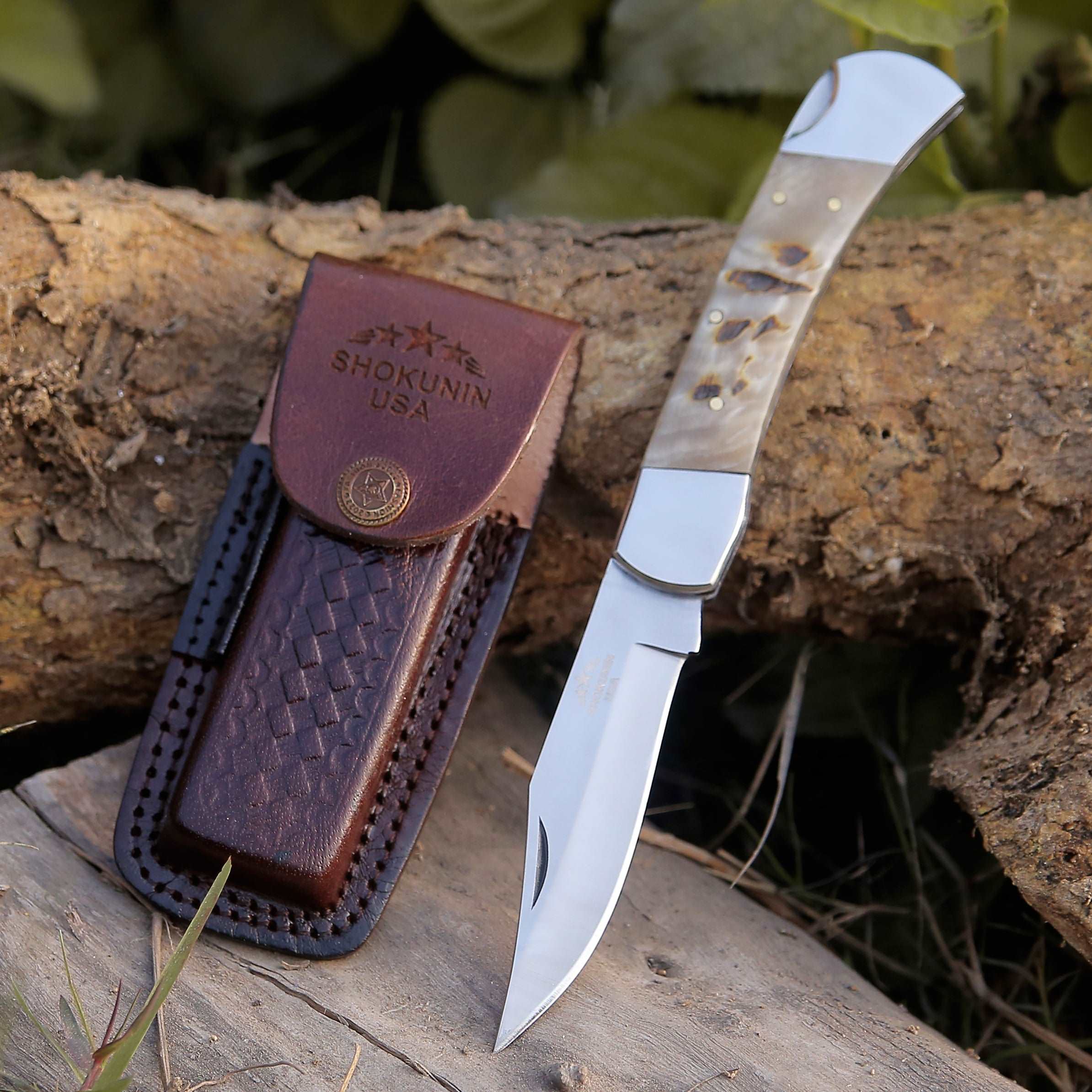 Handmade Custom Pocket Knife with Ram Horn Handle & Leather Sheath - Personalized Engraving for Outdoor, Camping, Hunting & EDC Gifts