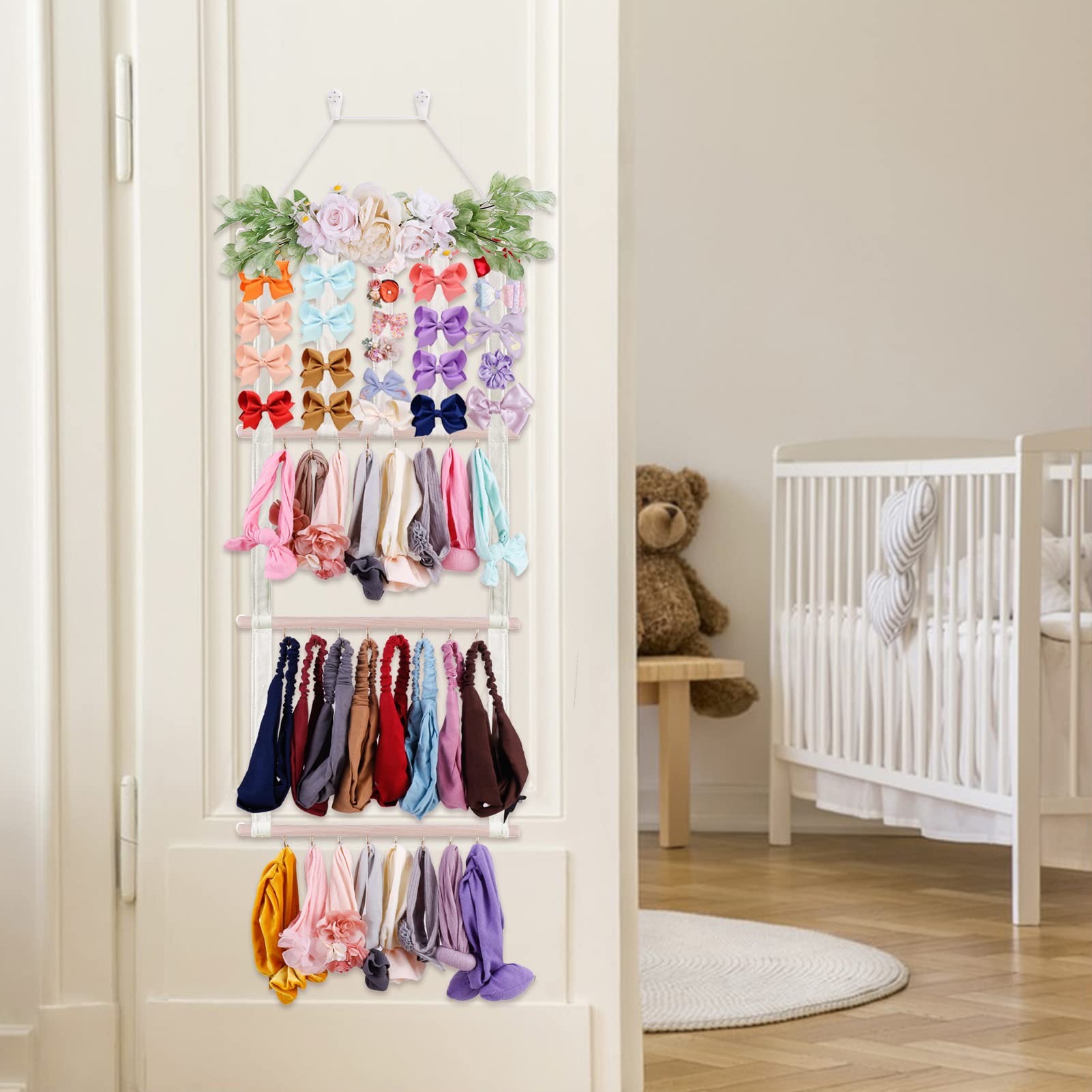 Flower Hair Bow Holder for Girls - Baby Headbands Organizer & Hair Accessories Storage - Wall Mounted Nursery Decor for Toddler Rooms (Perfect for Bedroom, Closet & Birthday Gift)
