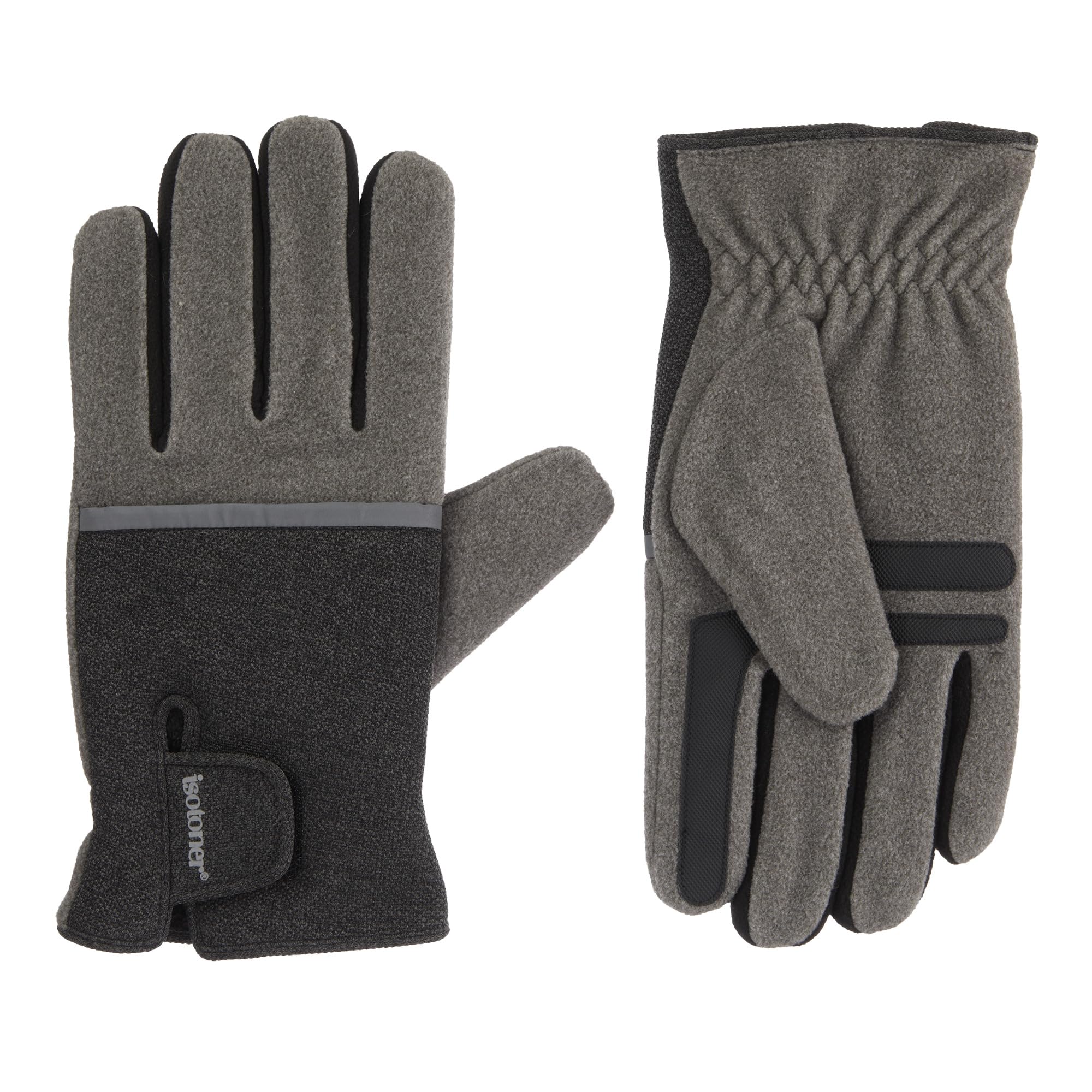 Isotoner Men's Tech Stretch Gloves with Velcro Closure - Touchscreen Compatible Winter Gloves for Driving, Running & Outdoor Activities
