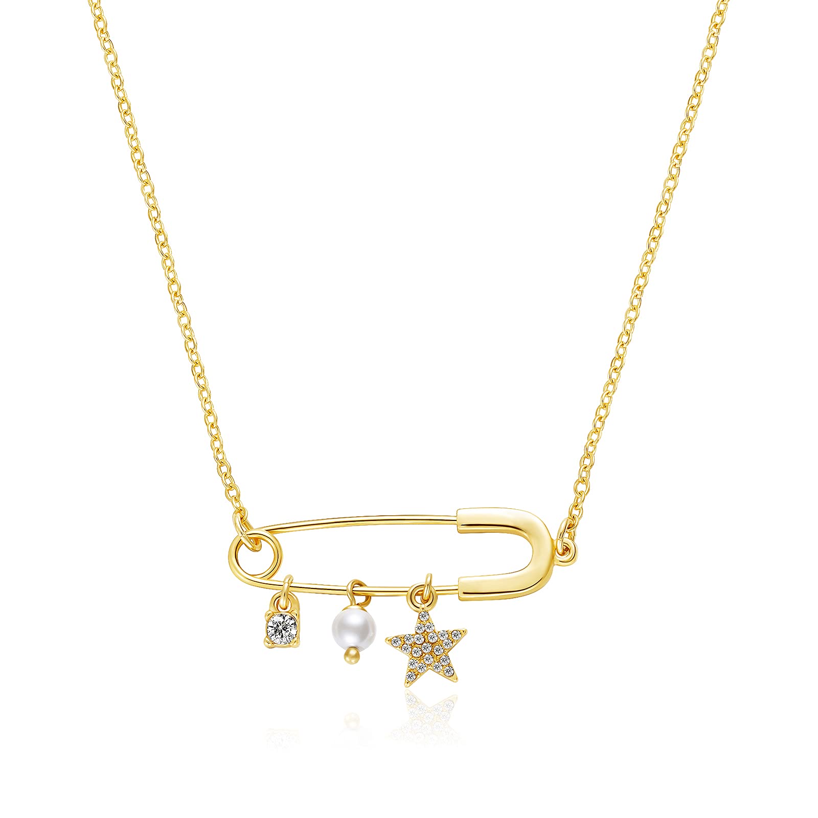 14K Gold Plated Star CZ Pearl Paperclip Pendant Necklace for Women & Girls - Elegant Cable Chain Jewelry Gift for Teens, Birthday, Party & Everyday Wear
