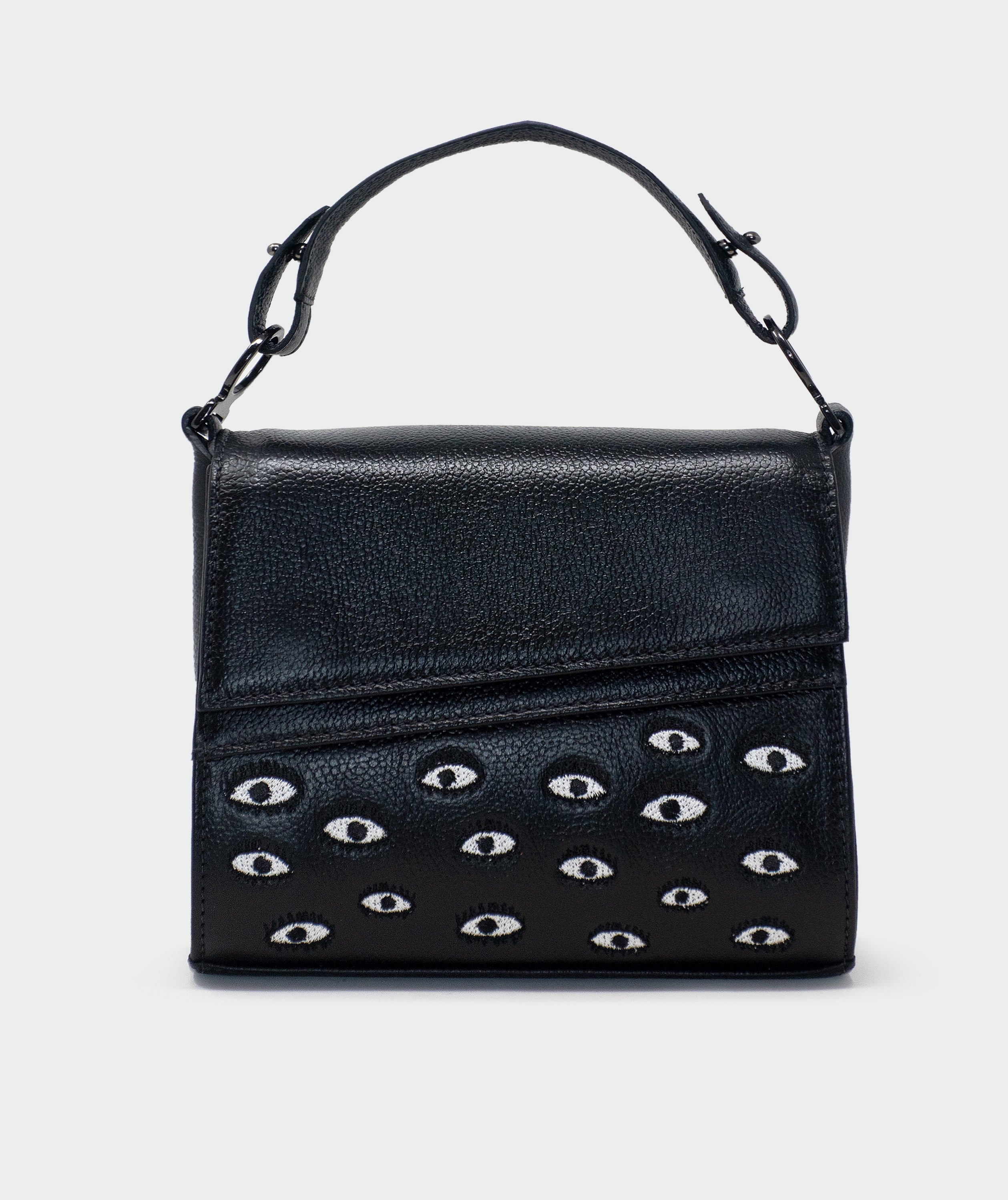 Anastasio Black Leather Micro Crossbody Bag with All Over Eyes Embroidery - Perfect for Travel, Parties, and Everyday Use