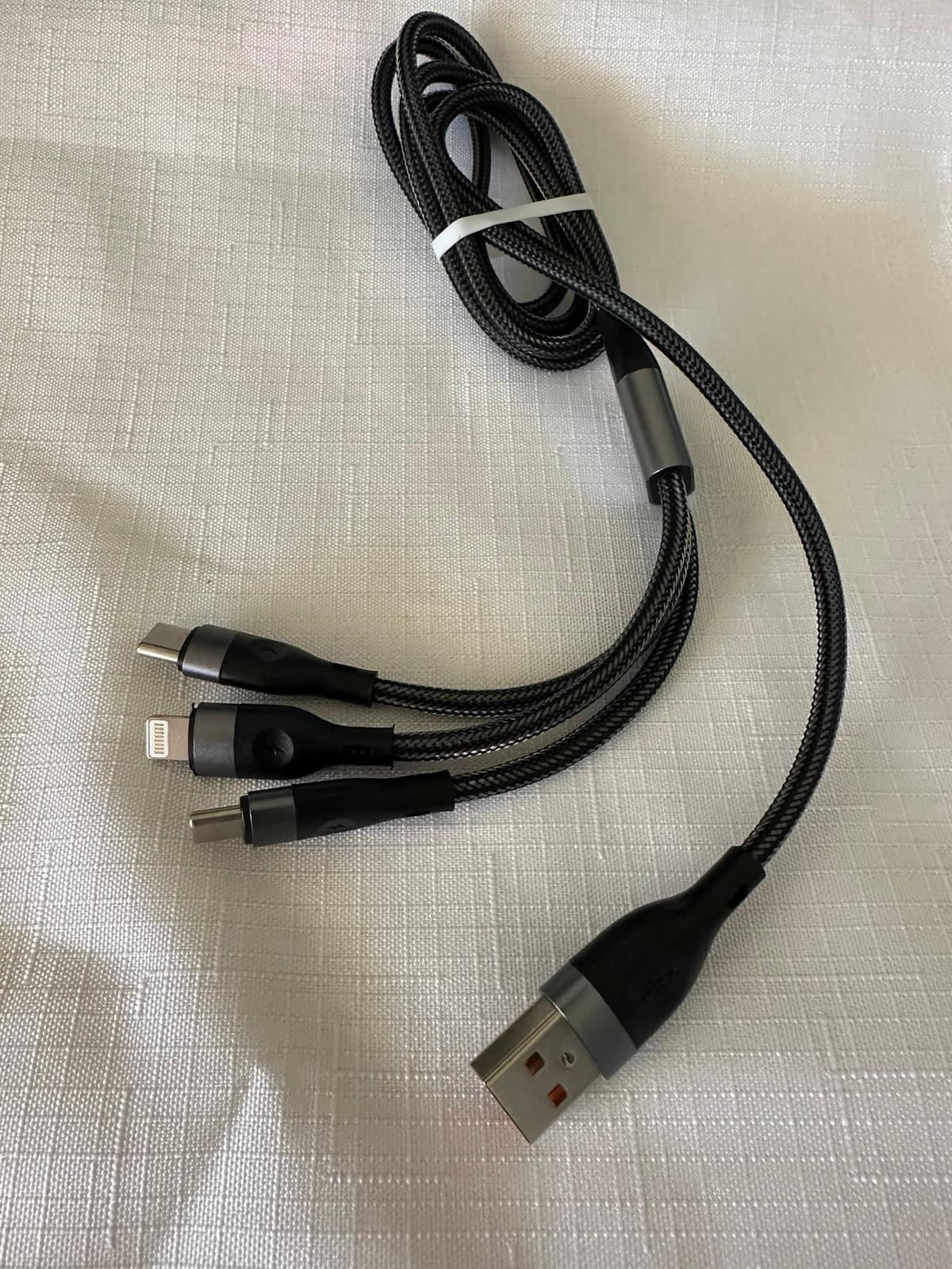 3-in-1 Fast Charging Cable - USB to Lightning/Type C/Type C - 4A Max Output 2M for iPhone 15 Pro/Samsung Galaxy S23 - Perfect for Home, Office & Travel Charging