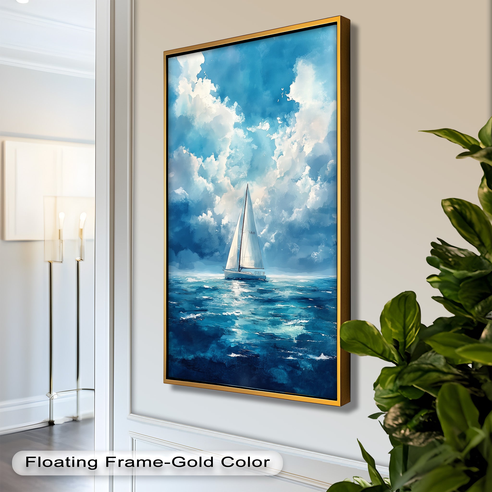 Blue Sky White Sailboat Oil Painting - Handmade Nautical Wall Art for Living Room, Bedroom & Office Decor