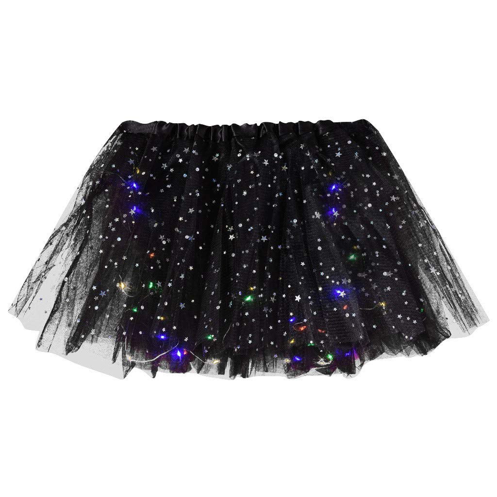 LED Light Up Tulle Tutu Skirt with Star Sequins - Glow in The Dark Elastic Waist Ballet Skirt for Women & Girls - Perfect for Rave, Dance Performances, Halloween & Neon Parties