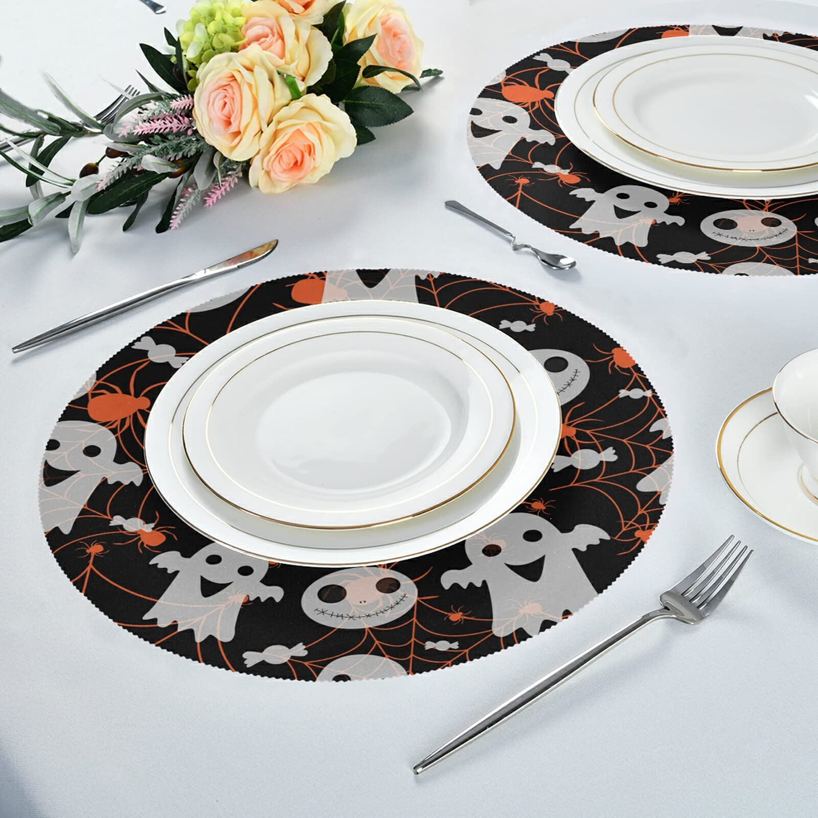 Halloween Spider Ghost Placemats Set of 6 - Washable for Kitchen Table & Party Decor
