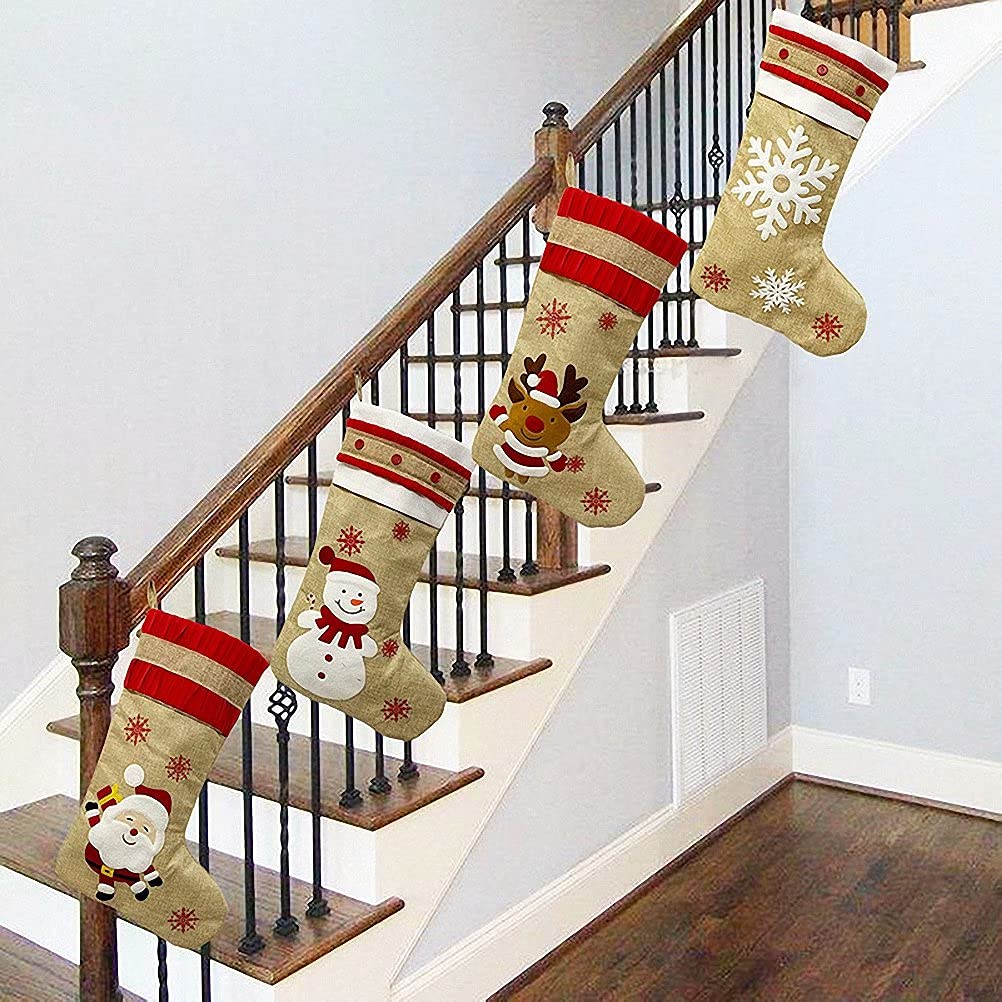 19 Inch Kerio Christmas Large Stocking - Santa Snowman Elk Snowflake Design | Fireplace Hanging Stockings | Holiday Gift Linen Bag for Family & Party Decorations | Perfect for Christmas Tree, Mantel Decor & Festive Home Decor