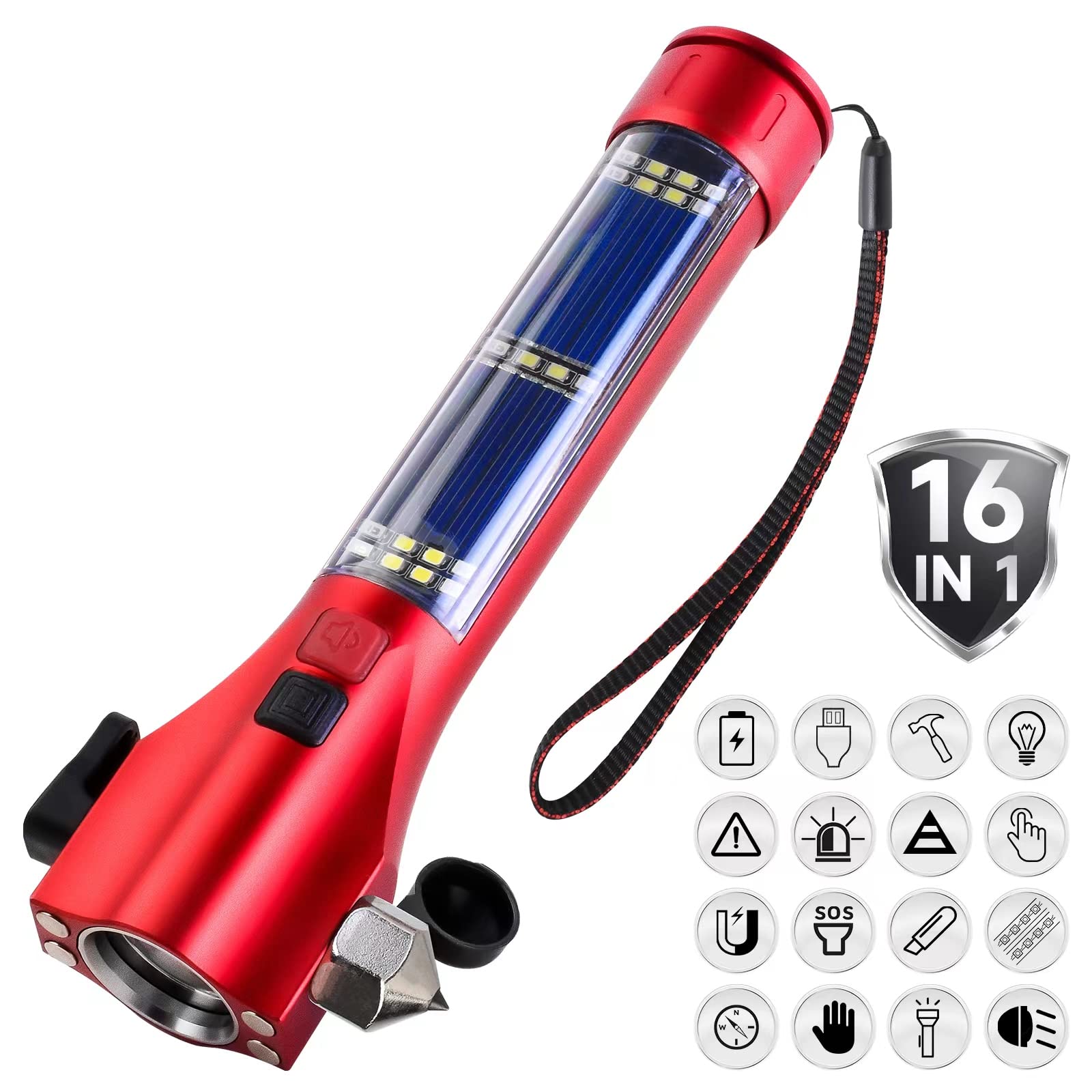 Multifunctional Solar-Powered Emergency Flashlight - Waterproof LED Car Flashlight with Window Breaker & Seatbelt Cutter | Rechargeable for Outdoor, Camping, Hiking & Emergency Preparedness