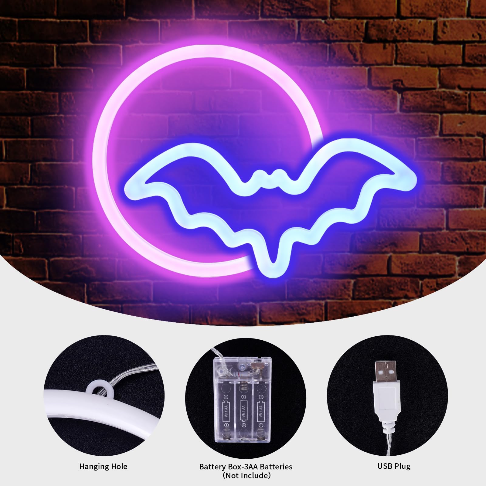 BRIGHTDECK 2 Pack Halloween Neon Signs - White Ghost & Blue Bat Full Moon LED Decor | USB/Battery Powered Wall Art for Halloween Party, Bedroom, Living Room, Bar | Spooky Home Decor & Kids Gift for Trick-or-Treating
