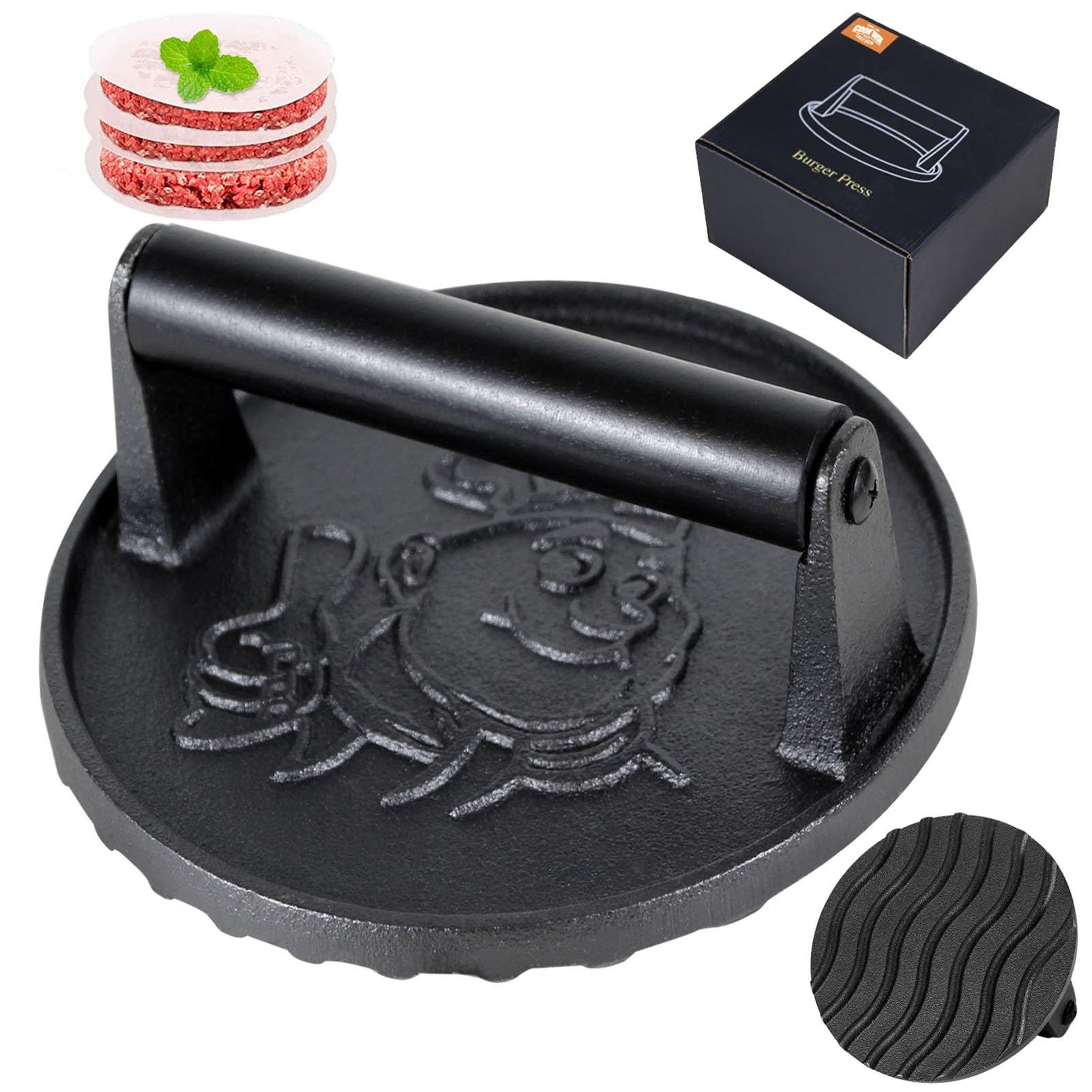 Heavy Duty 6 Inch Cast Iron Smash Burger Press with Heat Insulation Handle - Bacon Press, Sandwich Press & Round Grill Press for Griddle - Includes 50 PC Patty Papers - Perfect for BBQ, Backyard Grilling & Restaurant Use
