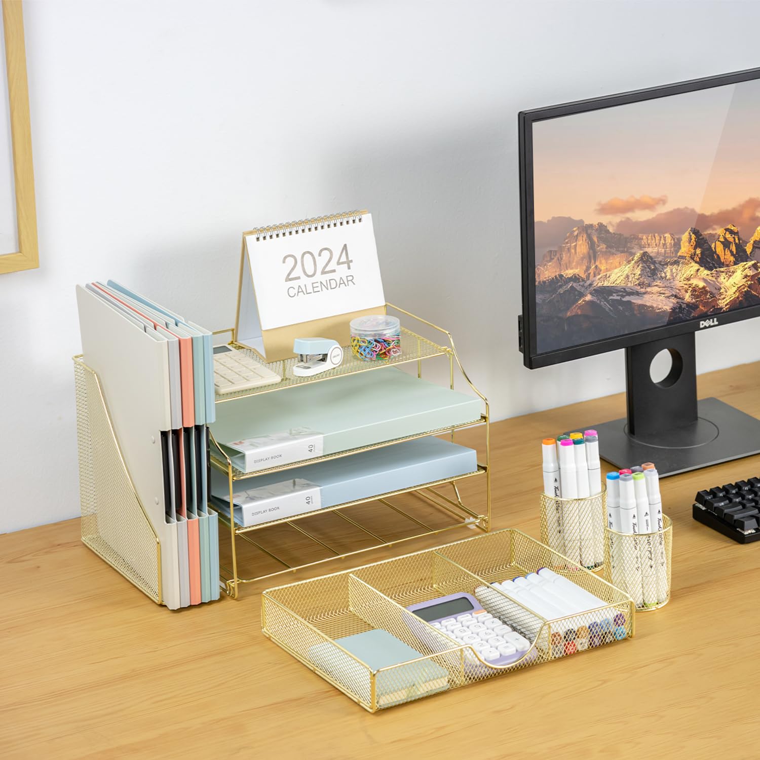 4-Tier Mesh Desk Organizer with File Holder, Drawer & 2 Pen Cups - Gold Office Storage Solution for Paper, Documents & Supplies | Perfect for Home Office, Workstation & School Desk Organization