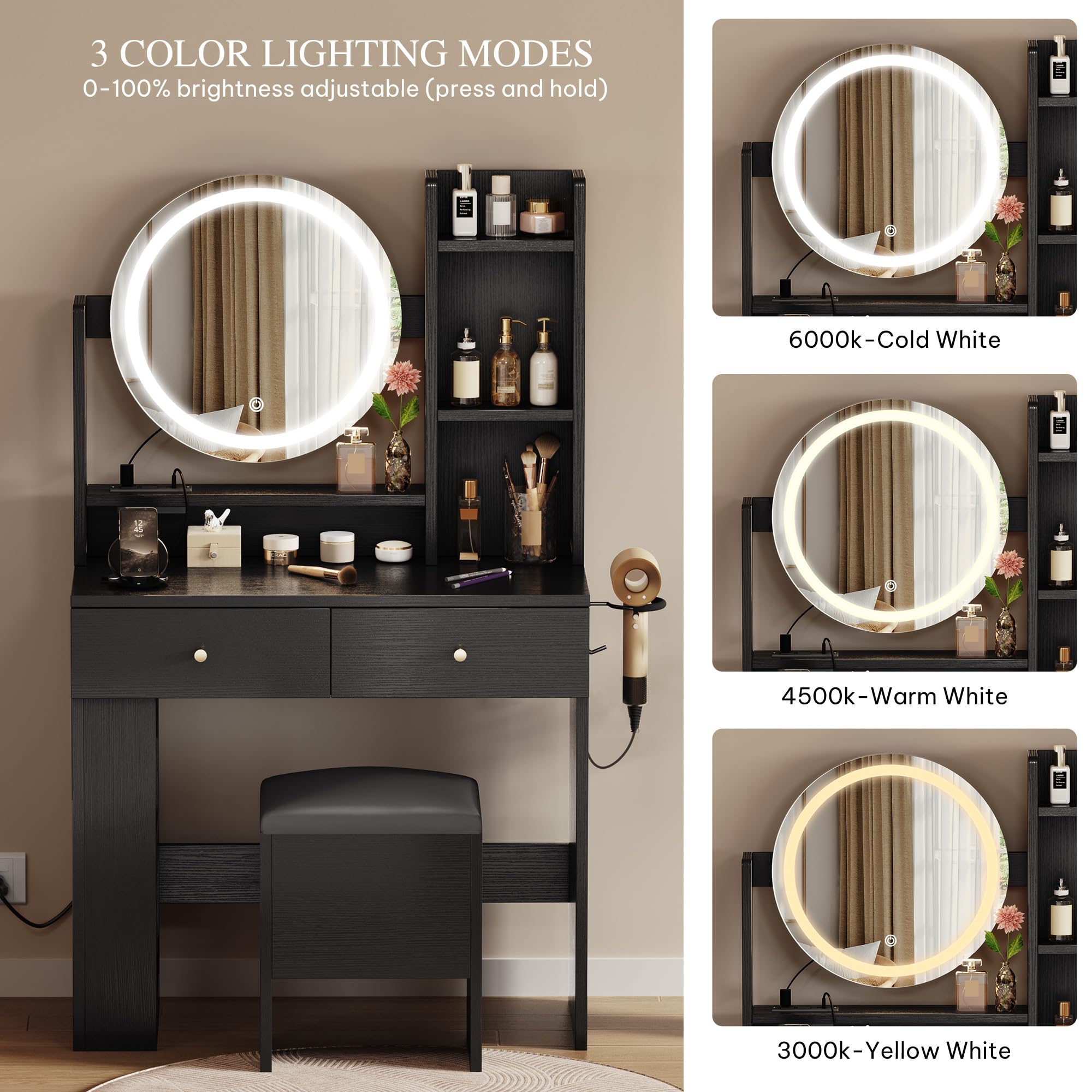 YITAHOME Makeup Vanity Desk with LED Lights & Mirror, Vanity Table Set with Power Outlets, Storage Drawer, 3 Shelves & Chair - Perfect for Bedroom, Dressing Room & Home Salon (Dark Black)