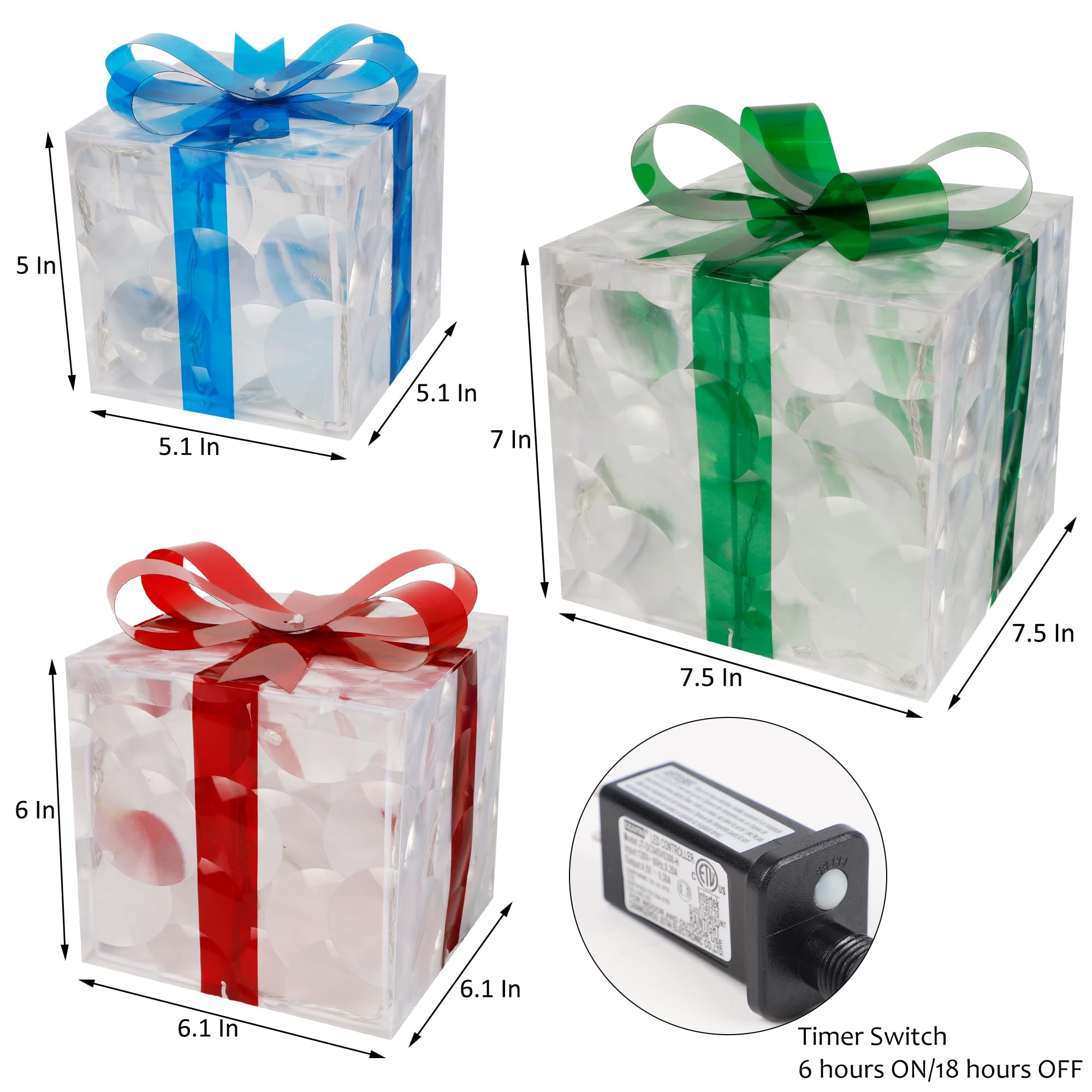 Set of 3 LED Lighted Gift Boxes - 60 Transparent Christmas Decorations for Home, Party & Holiday Display - Perfect for Tree Toppers, Table Centerpieces & Festive Gift Wrapping