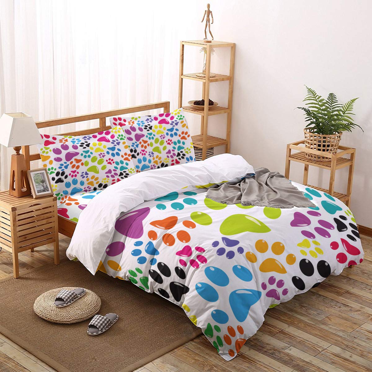4 Piece Colorful Dog Paw Print Duvet Cover Set - Ultra Soft Twin Size Comforter Cover with Zipper Closure & Corner Ties - Perfect for Kids' Rooms, Pet Lovers & Cozy Bedroom Decor