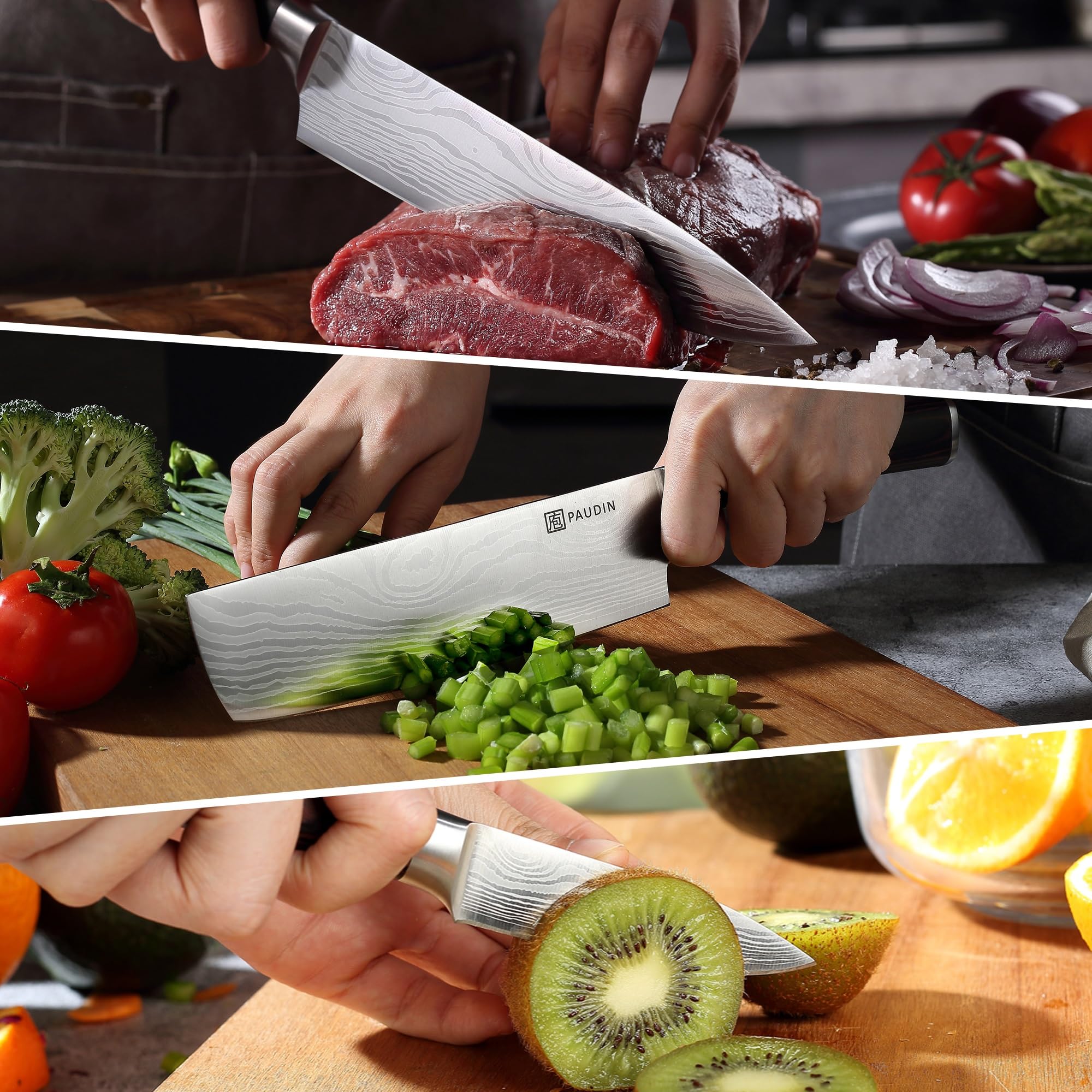 PAUDIN 3-Piece Professional Chef Knife Set - High Carbon Stainless Steel Kitchen Knives with Ultra Sharp Blades & Ergonomic Wooden Handle - Perfect for Home Cooking, Restaurant Use & Culinary Gifts