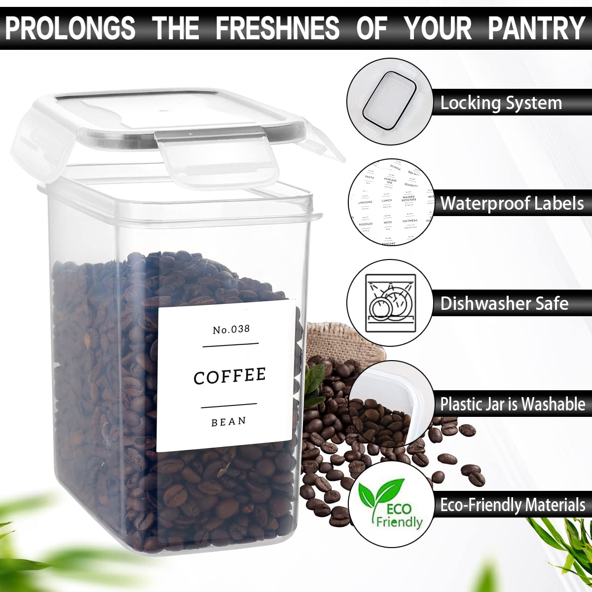 6-Piece Airtight Flour and Sugar Storage Containers Set with 132 Preprinted Pantry Labels - Stackable Plastic Food Canisters with Lids for Kitchen Organization | Perfect for Baking, Meal Prep & Pantry Storage