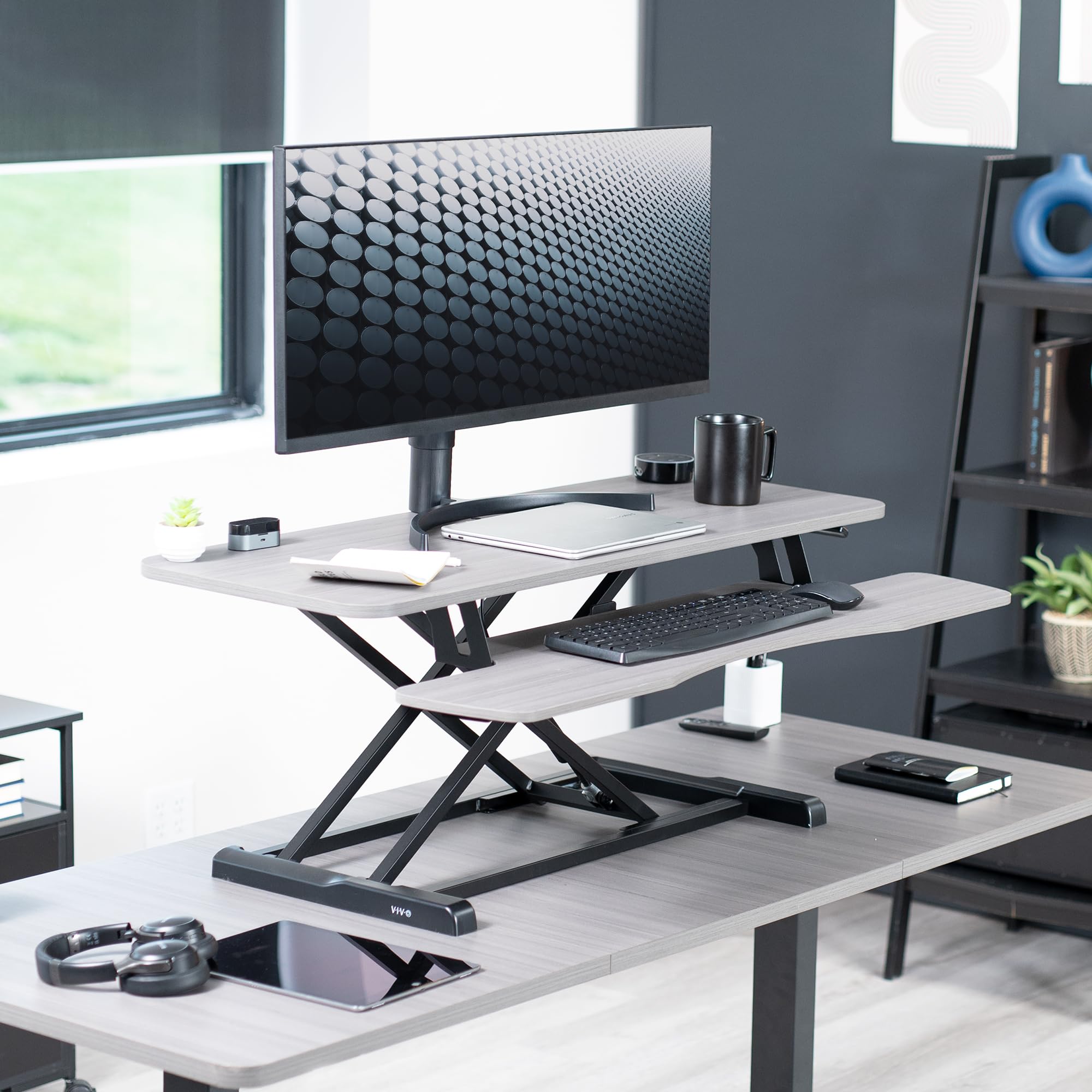 VIVO K Series 42 Inch Height Adjustable Sit to Stand Desk Converter - Dual Monitor & Laptop Workstation with Wide Keyboard Tray (Gray Top, Black Frame) | Perfect for Home Office, Gaming Setup & Ergonomic Workspace