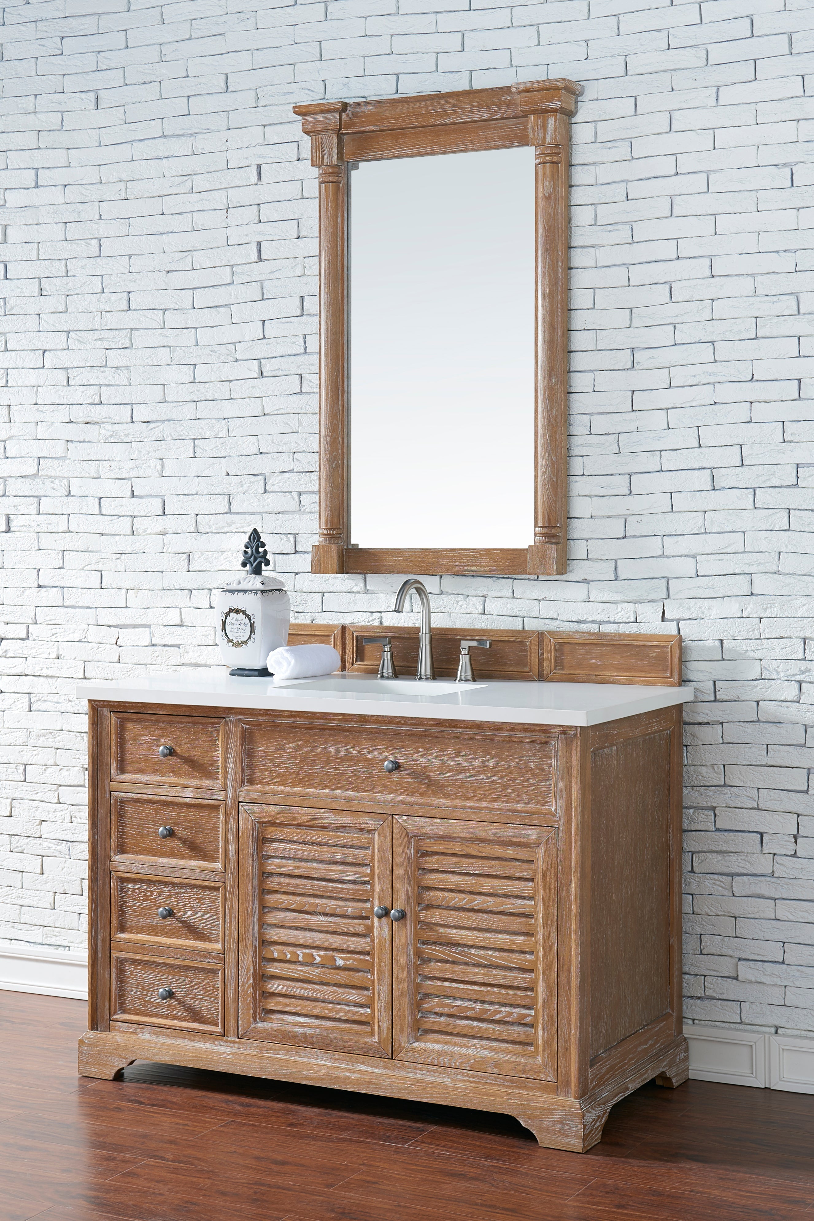 Savannah 48 Inch Single Bathroom Vanity Cabinet in Driftwood Finish with 3CM Classic White Quartz Countertop - Perfect for Modern Master Bathrooms & Guest Powder Rooms