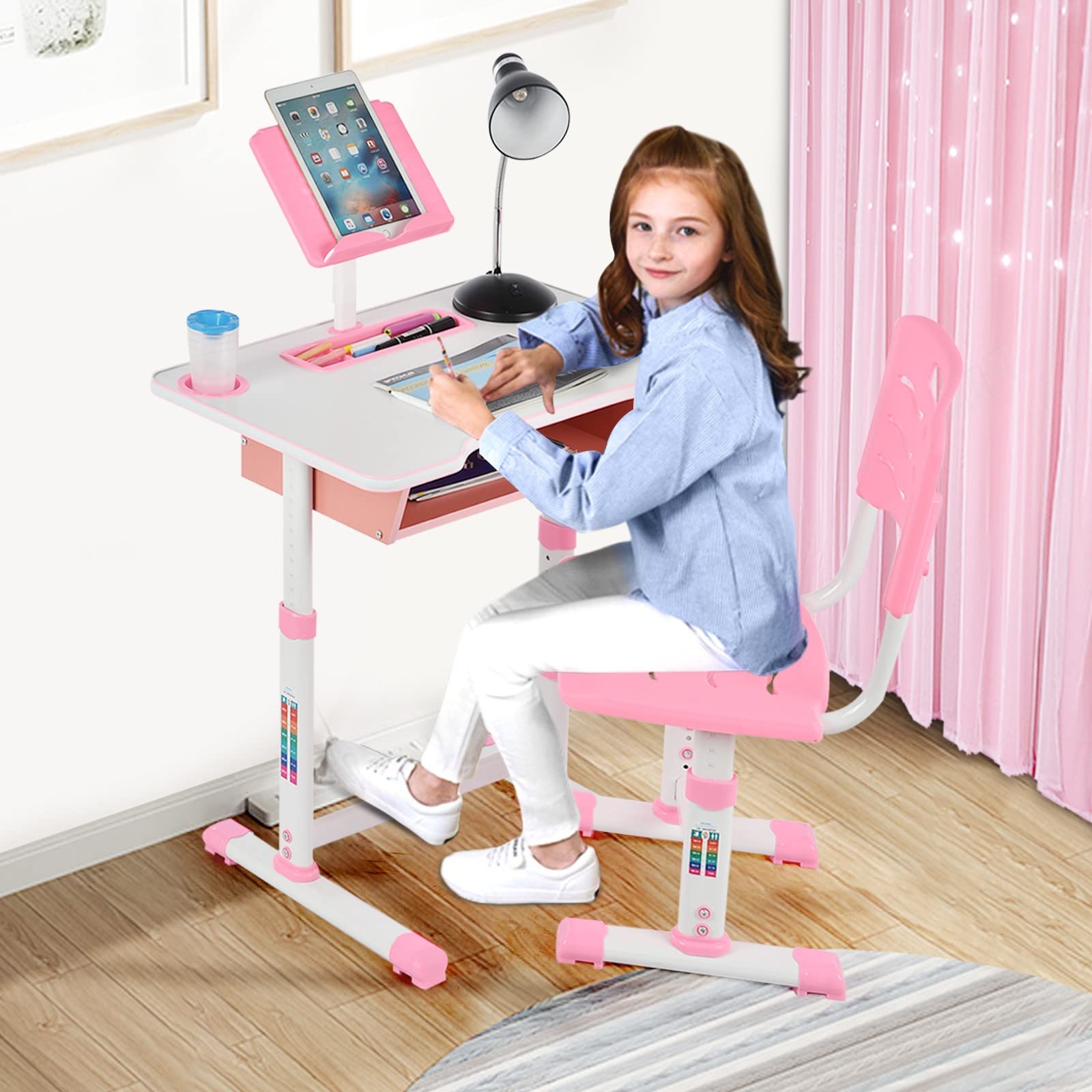 Adjustable Height Kids Study Desk & Chair Set with Bookstand - Ergonomic Children's Drawing Table for Kindergarten & Elementary Students - Perfect for Homework, Reading, and Art Activities