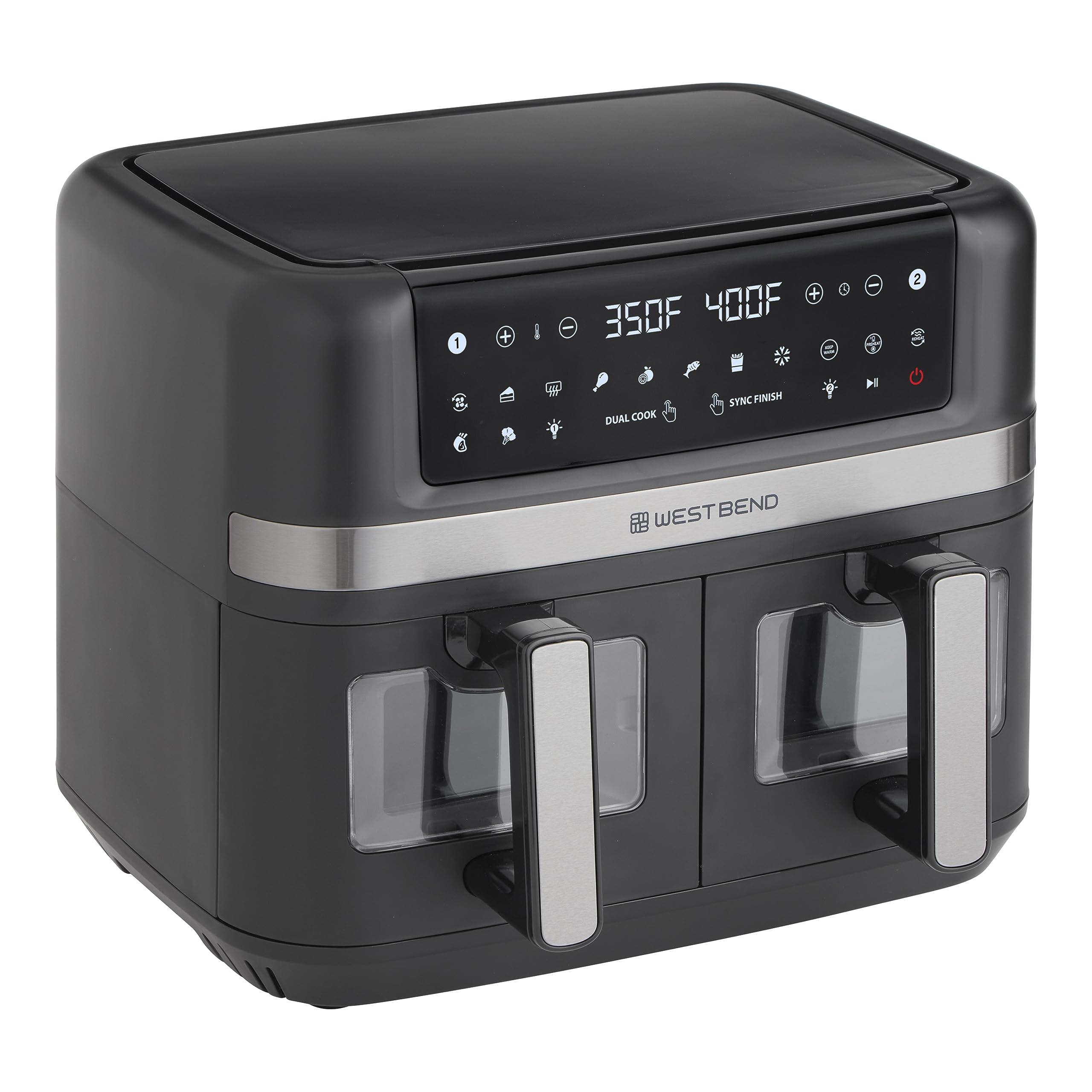 West Bend 10-Quart Dual Basket Air Fryer with Digital Controls, View Windows & 15 Presets - Nonstick Frying Baskets, Dual Zone Cooking, 1600W - Perfect for Family Meals, Healthy Snacks & Quick Weeknight Dinners - Black
