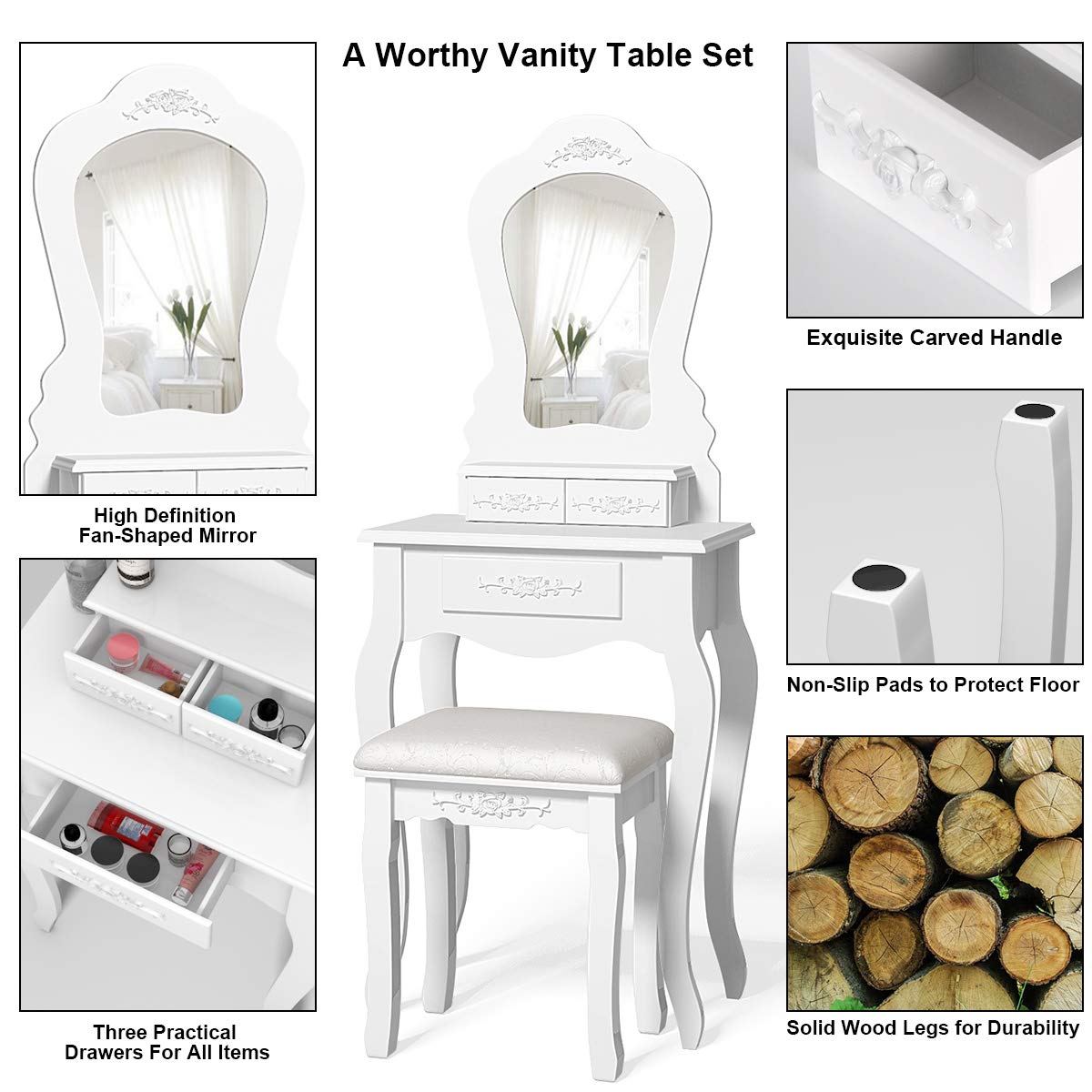 Modern White Vanity Table Set with 3 Drawers, Fan-Shaped Mirror & Cushioned Stool - Multifunctional Makeup Dressing Desk for Bedroom, Beauty Salon & Home Decor | Perfect for Daily Makeup, Skincare & Hair Styling