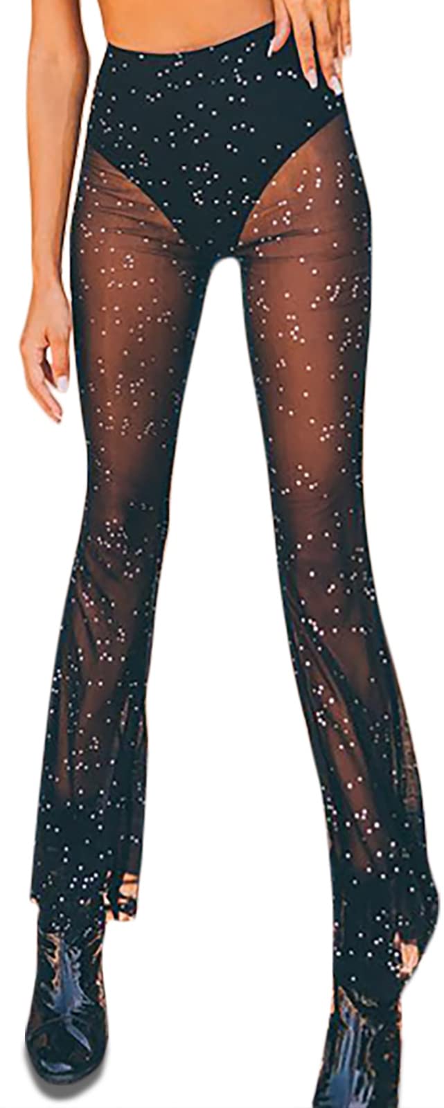 Women's Rave Outfit - Festival & Dance Clubwear with Bell Bottom Mesh Sheer Pants | Perfect for EDM Concerts, Music Festivals & Nightclub Parties