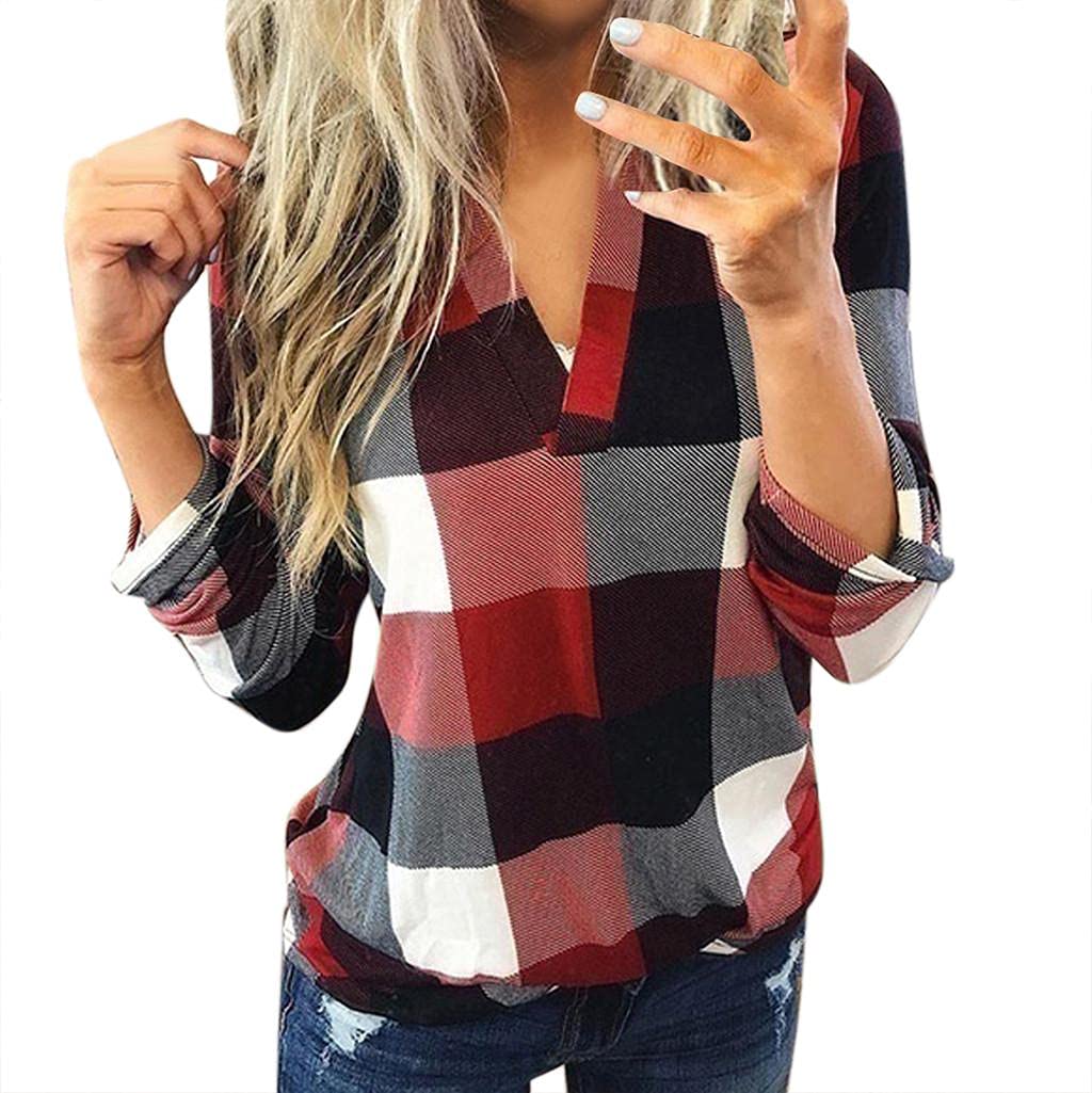 Women's Long Sleeve Plaid Printed Blouse - Casual Plus Size T-Shirt Tops for Work, Date Night & Fall Layering