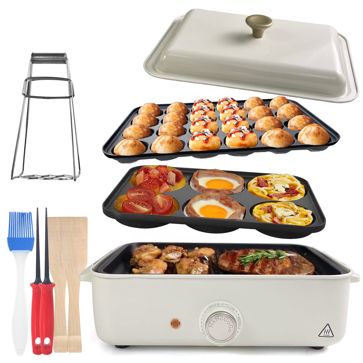 3-in-1 Electric Griddle & Skillet Set - Nonstick Takoyaki, Cake Pop & Pancake Maker with 3 Interchangeable Plates - Perfect for Home Cooking, Breakfast & Party Snacks - White