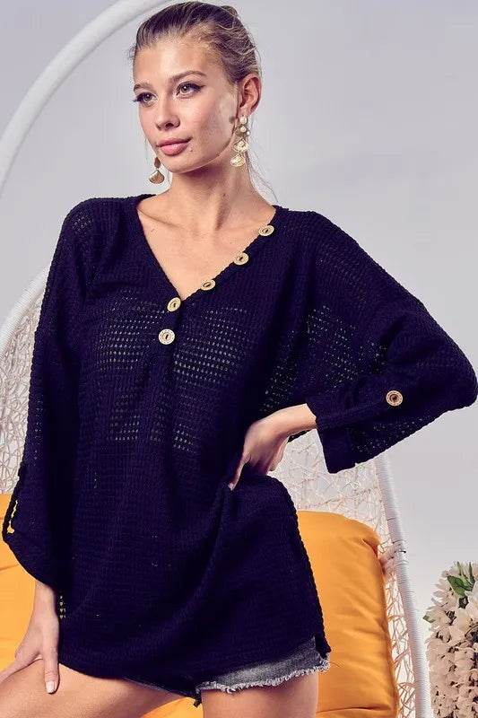 BiBi Popcorn Waffle Top with Buttoned Placket - Stylish Women's Casual Shirt for Work, Date Night & Everyday Wear