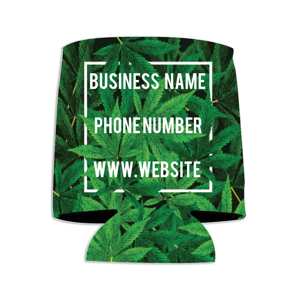 Custom CBD Can Coolers with Business Branding - Personalized Name, Phone & Website - Bulk 50 Pack for CBD Retailers & Events - Perfect for Promotions, Trade Shows & Customer Giveaways