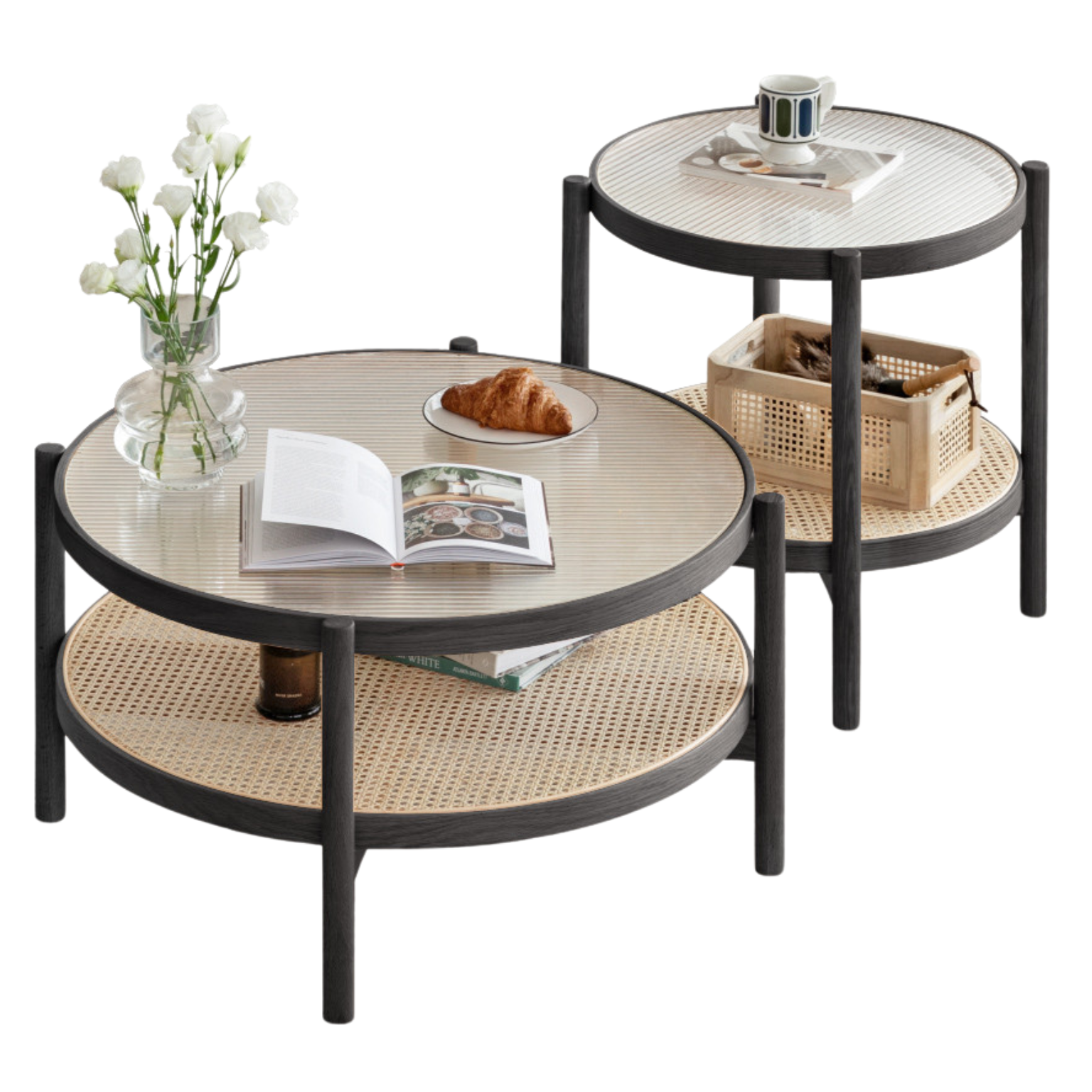 24x24x23.6 inch / 61.2x61.2x60 cm + 33.4x33.4x17.7 inch / 85.7x85.7x45 cm / Smoky color / Coffee table 2 pcs