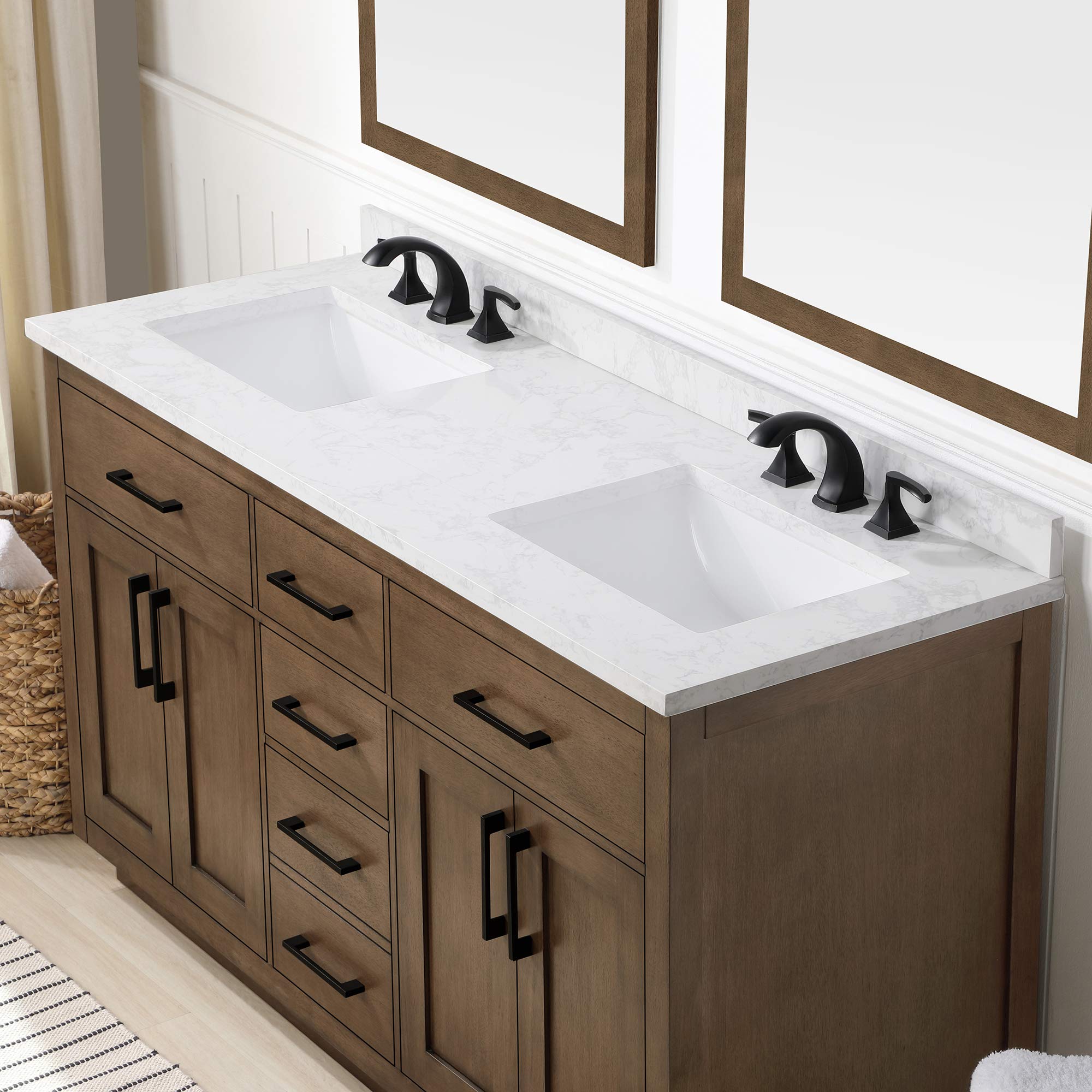 Ove Decors Maya Plus 60-Inch Double Sink Bathroom Vanity in Almond Latte Finish with Black Hardware & Power Bar - Modern Bathroom Storage Solution for Master Bath & Guest Bath Remodel