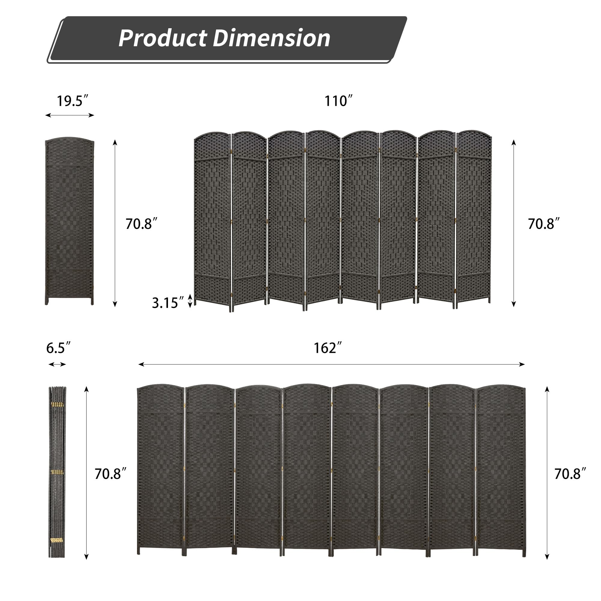 Duraspace 8-Panel 6FT Tall Woven Fiber Room Divider - Freestanding Double Hinged Folding Privacy Screen for Home, Office, Patio & Events (Gray) - Perfect for Creating Private Spaces Indoors & Outdoors
