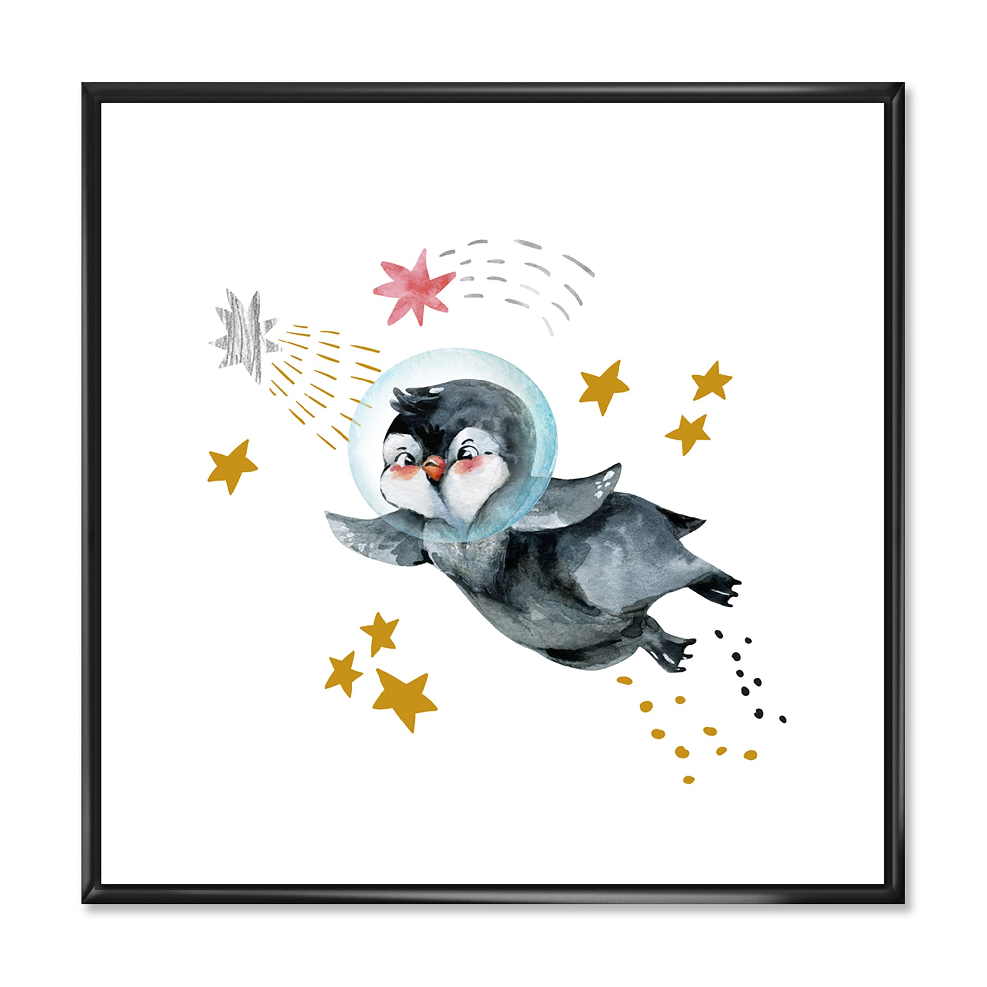 DesignQ Little Penguin Flying Stars and Planets I - Farmhouse Framed Canvas Wall Art Print for Living Room, Nursery & Bedroom Decor