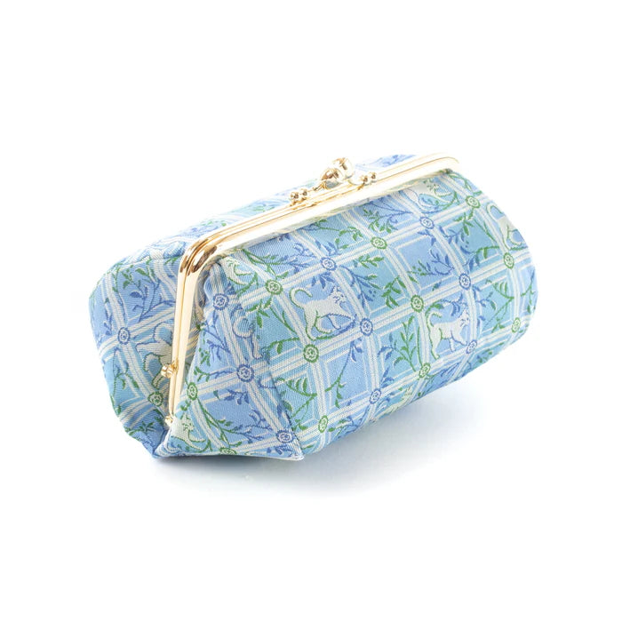 Nishijin Woven Small Cat Pouch - Blue | Handmade in Kyoto Japan | Cosmetic & Makeup Bag | Japanese Gamaguchi Style | Travel Toiletry Organizer | Stationery Pouch | Bag-in-Bag Organizer | Perfect for Travel, Daily Use & Gift Giving