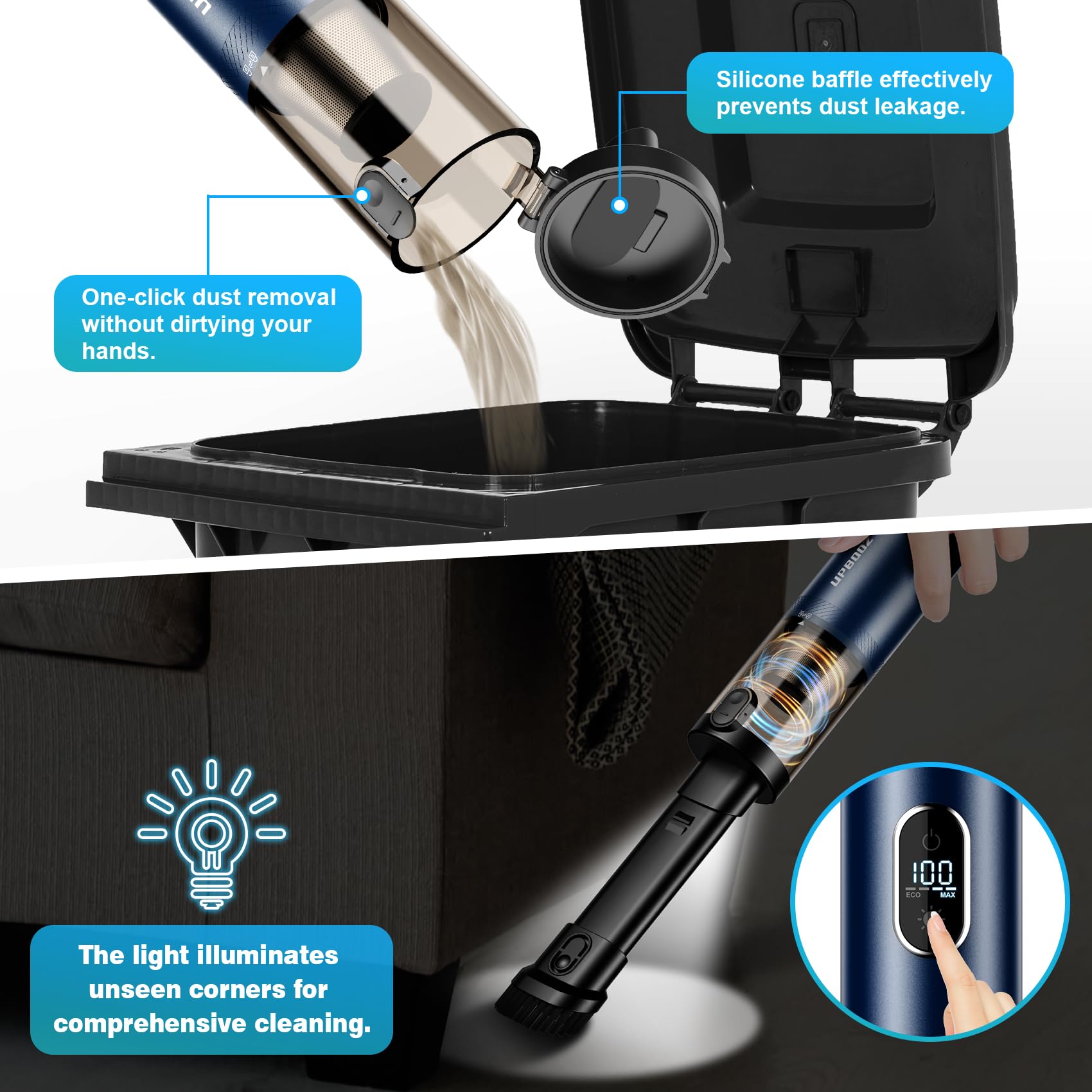 14000PA Powerful Cordless Handheld Car Vacuum Cleaner with LED Light & Air Duster - 2-in-1 Rechargeable Mini Vacuum for Pet Hair, Home, Office & Auto Detailing | Low Noise & 2-Speed Settings | Perfect for Cars, Sofas, Stairs & Hard-to-Reach Areas