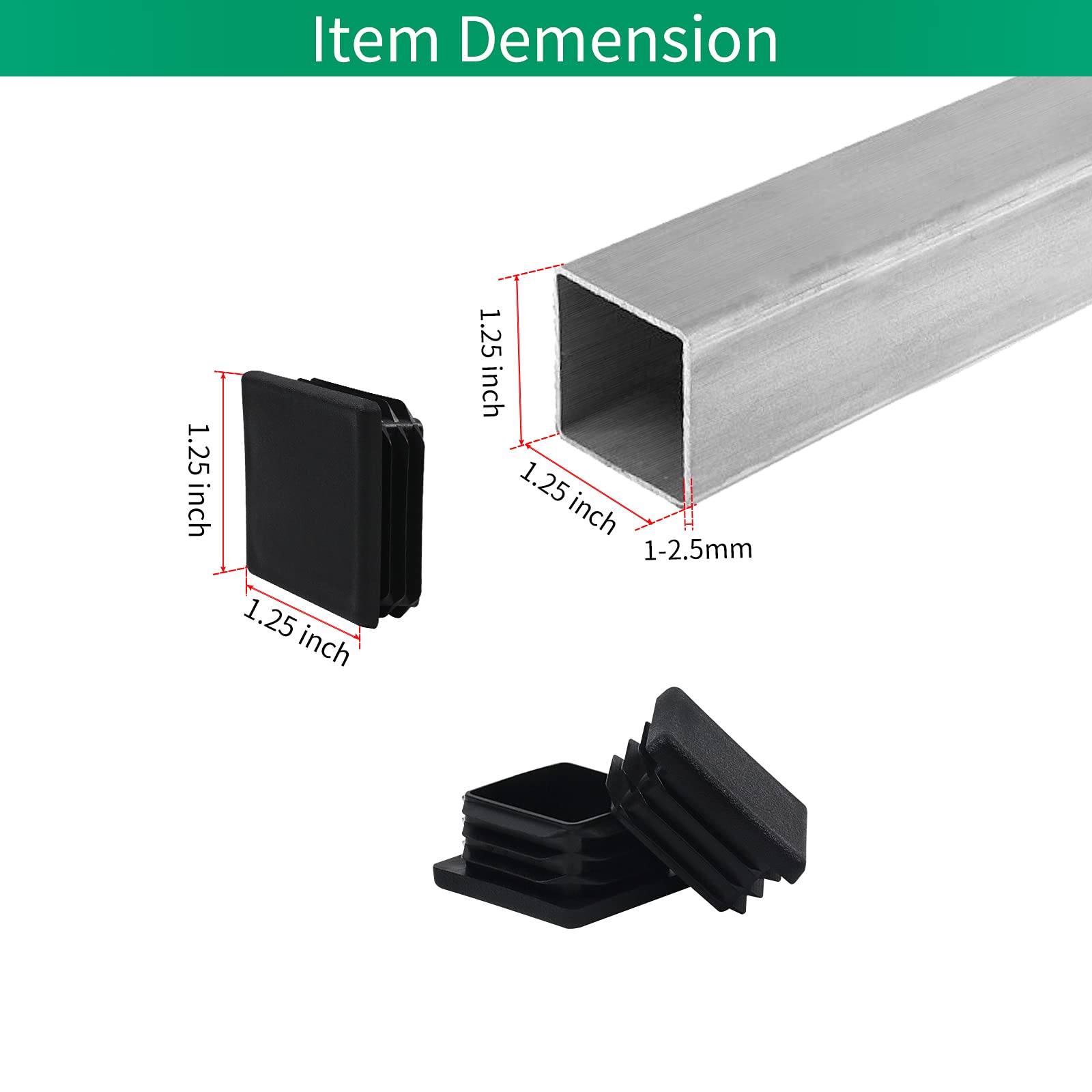1.25 Inch Square Tube End Caps - 12 Pack Black Plastic Plugs for 1 1/4