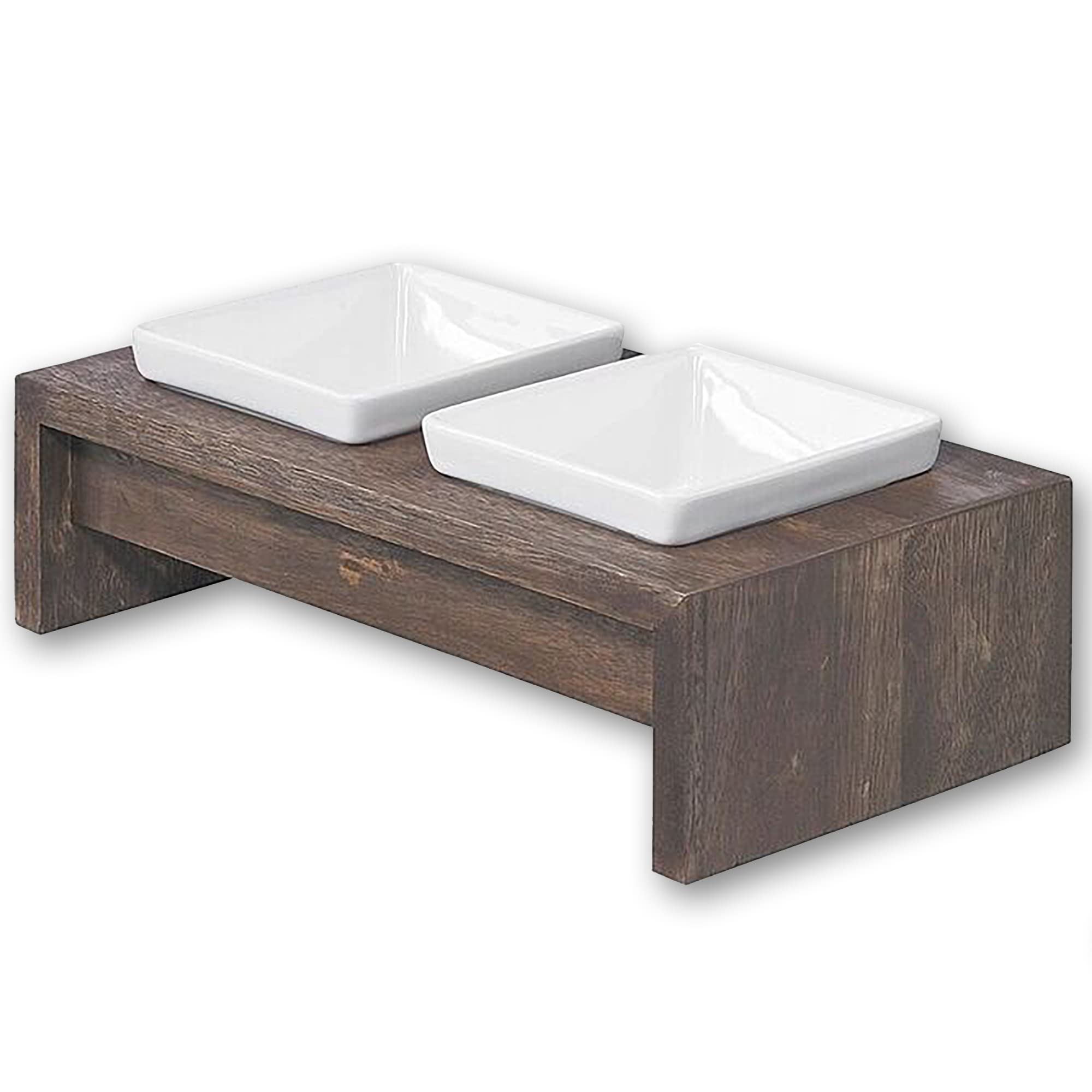 Handcrafted Rubberwood Double Dog Feeder with Ceramic Bowls - Bowsers Artisan Diner Dog Bowl Stand for Small Dogs (15